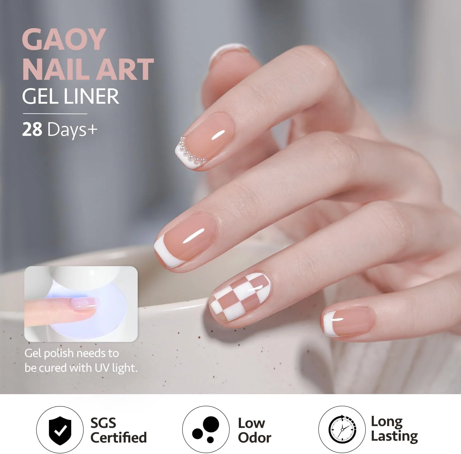 لاک ژل طراحی ناخن سفید چرخان GAOY، 8 میلی لیتر رنگ کلاسیک با برس نازک، خشک شدن با نور UV برای طراحی ناخن فرانسوی در خانه