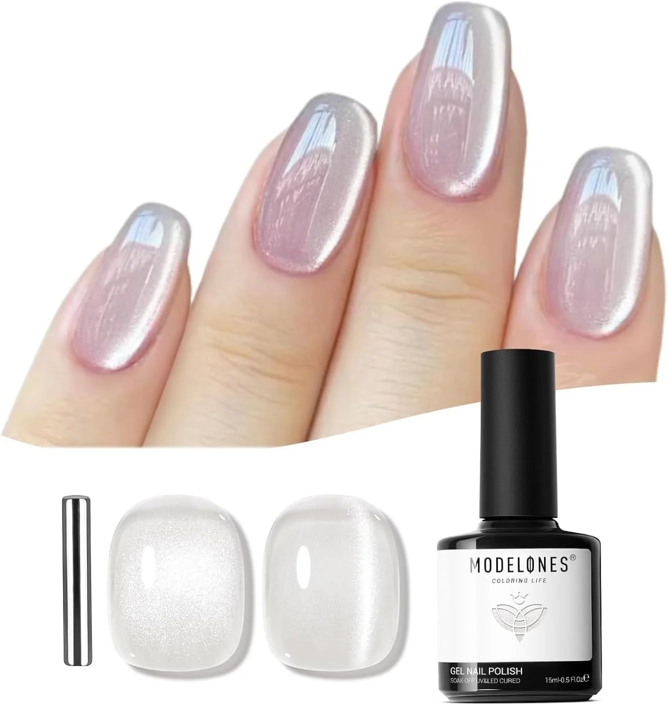 لاک ژل ناخن چشم گربه ای شیشه ای مدلونز، 15 میل، اکلیلی نقره ای هولوگرافیک، ژله ای تابستانی براق، بازتابنده نیمه شفاف مغناطیسی