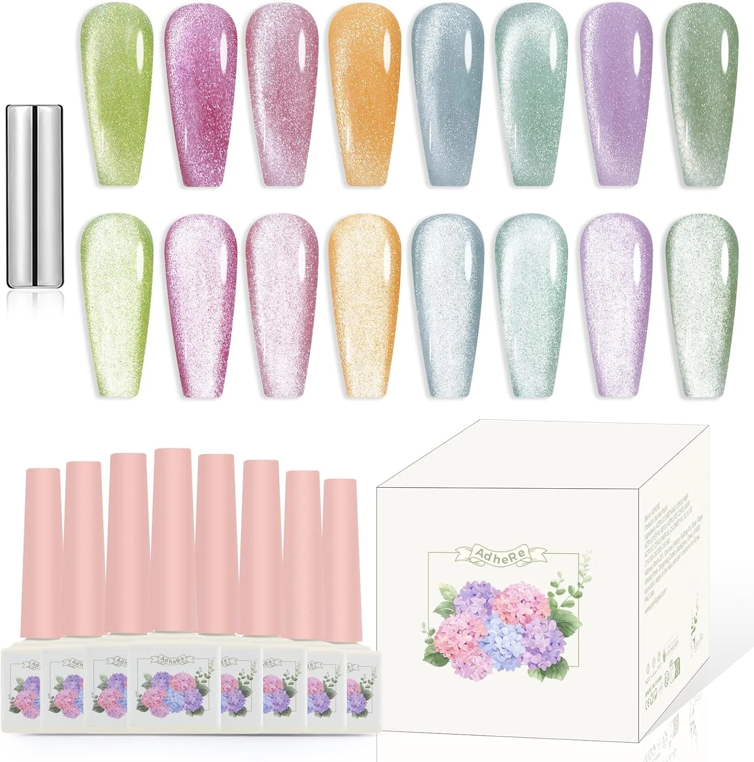 مجموعه لاک ژل ناخن چشم گربه ای 8 عددی ادهر، رنگ آبنباتی، 12 میلی لیتر، همراه با آهنربا - لاک ژل ناخن چشم گربه ای درخشان و براق، لاک ژل مغناطیسی UV