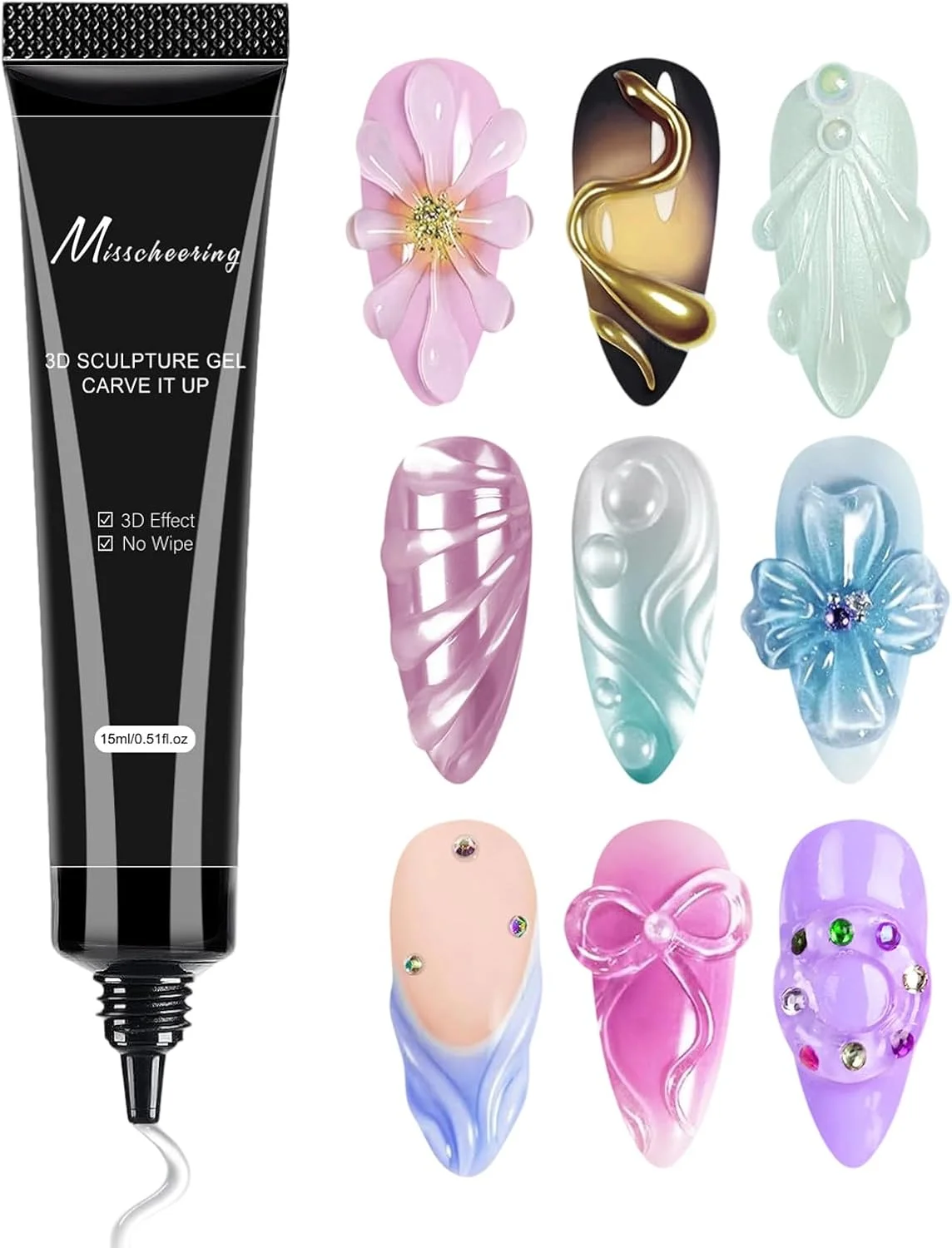 ژل طراحی ناخن سه بعدی 15 میلی لیتر، چسب ژل طراحی ناخن، ژل پولیش طراحی شفاف بدون نیاز به خشک شدن، ژل طراحی و دیزاین ناخن 5 بعدی، چسب 4 در 1 بدون نیاز به خشک شدن برای طراحی و قالب گیری