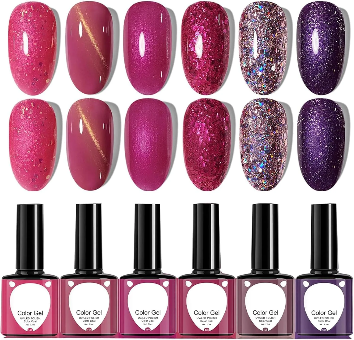 مجموعه لاک ژل اکلیلی براق Excefore، لاک ناخن مرواریدی بنفش پری دریایی - مجموعه لاک ناخن 6 رنگ بهاری، لاک ژل UV - کیت استارتر ناخن هدیه روز ولنتاین برای خانم ها