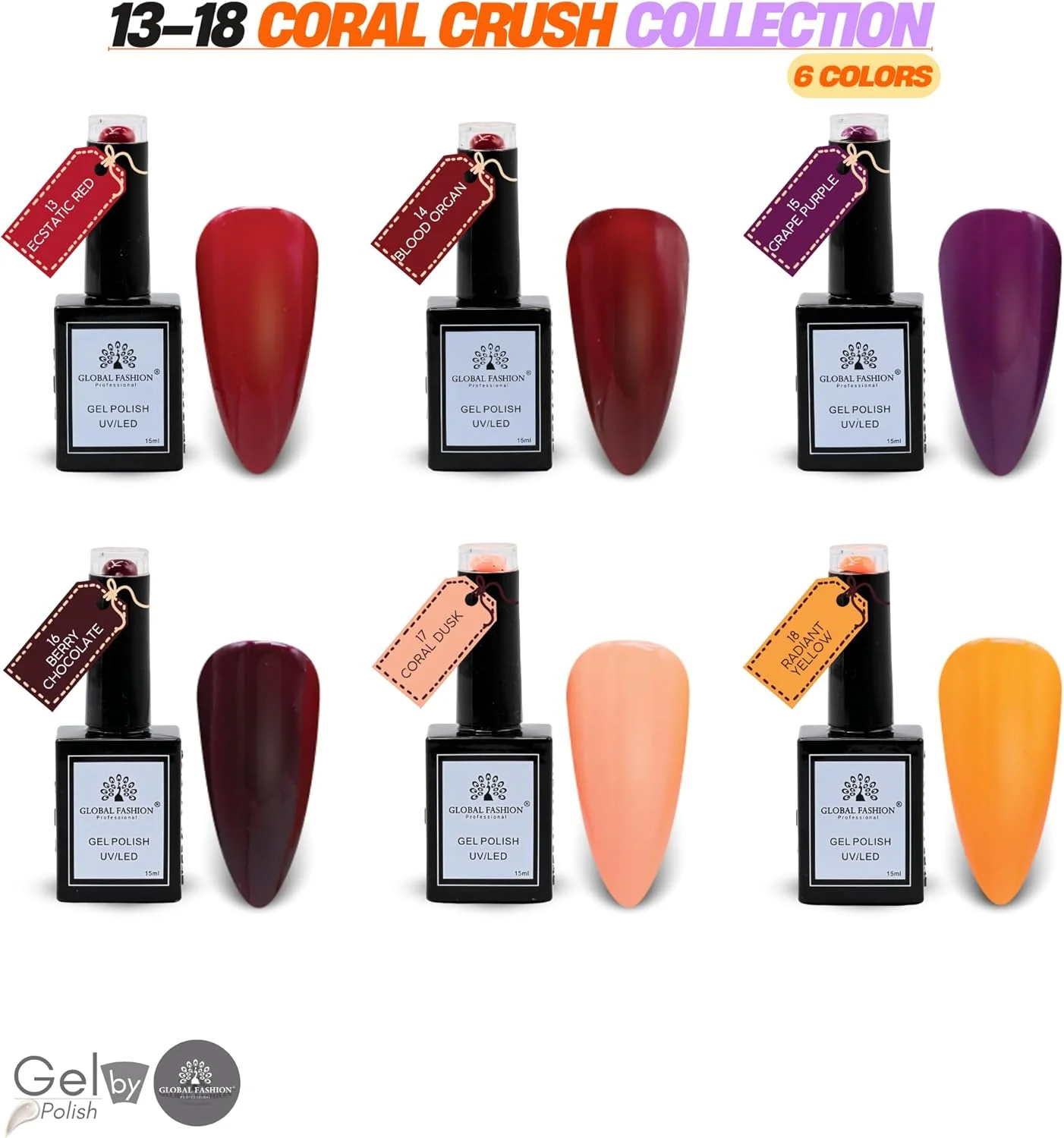 ست لاک ژل Coral Crush – شامل 6 رنگ ژلی یو وی ال ای دی به همراه بیس و تاپ کت، 15 میل، با پوشش براق و ماندگاری بالا، کیت حرفه ای طراحی ناخن برای نوجوانان، هدیه، مناسب برای استفاده در منزل و سالن