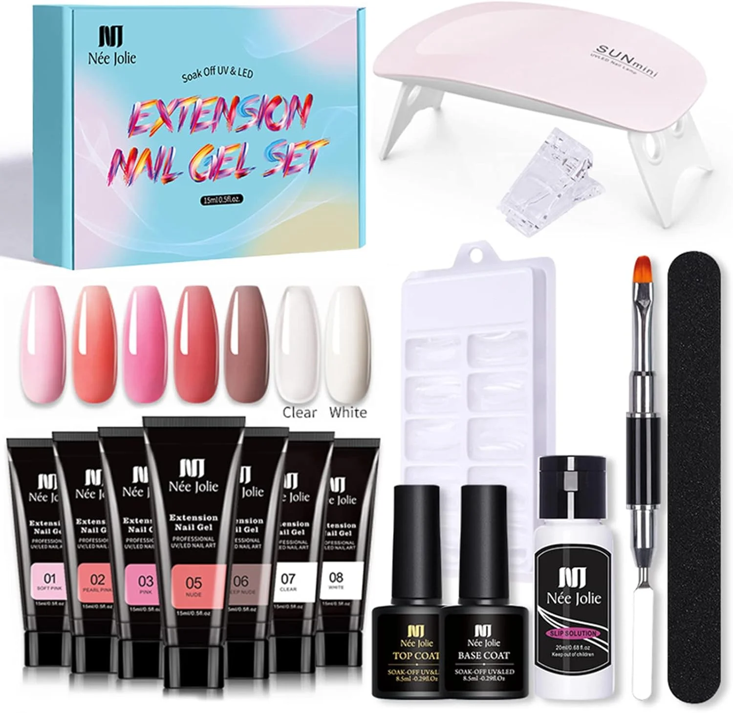 ست ژل اکستنشن ناخن شامل لاک ژل، تقویت کننده ناخن، دستگاه خشک کن ناخن یو وی/ال ای دی، بیس کت، تاپ کت، برس ناخن، سوهان ناخن، گیره ناخن و ابزار مانیکور