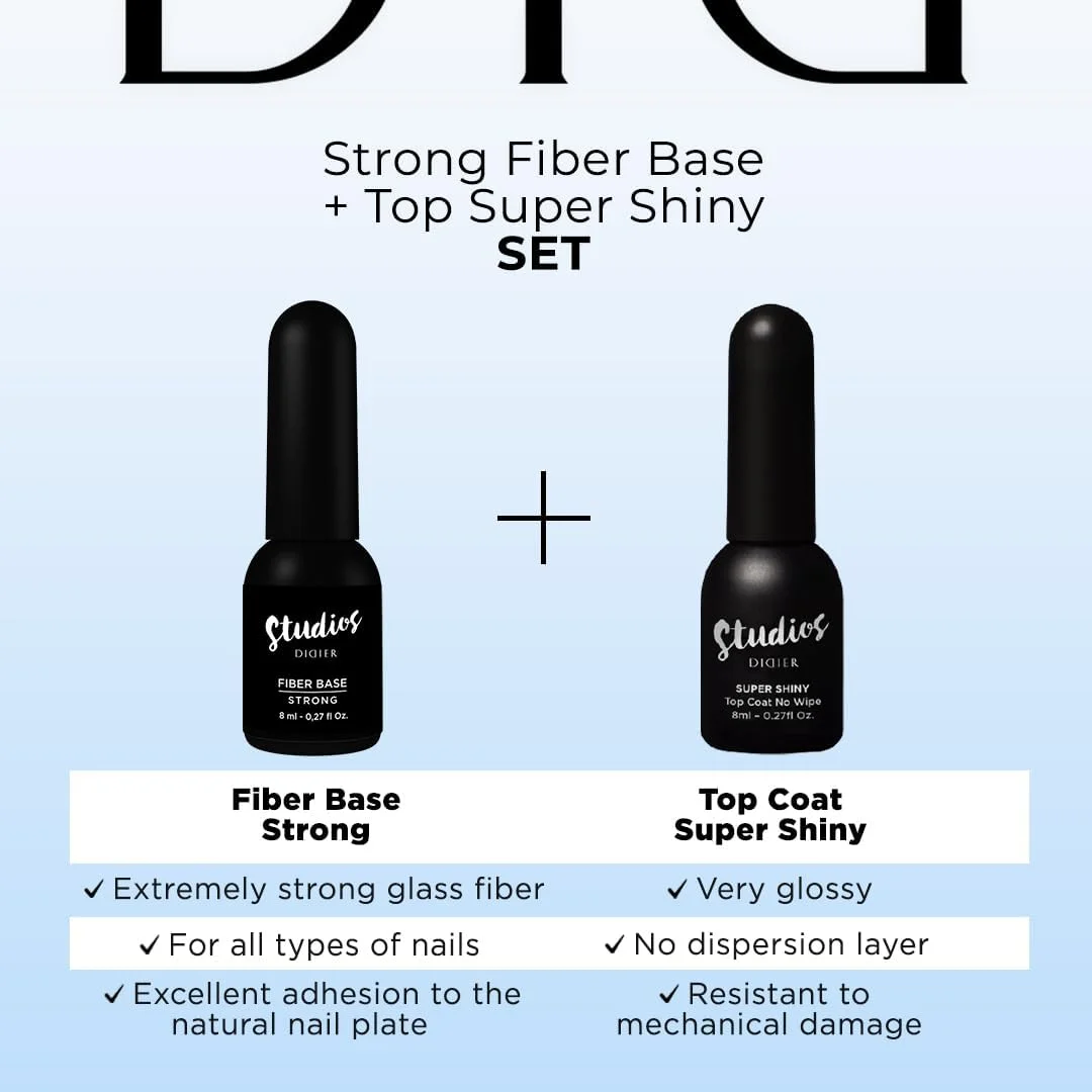 مجموعه لاک ژل ناخن پریمیوم DIDIER LAB - بیس کت فیبر ناخن قوی - تاپ کت ژل فوق العاده براق بدون نیاز به دستمال - ژل لاک ناخن شفاف - مجموعه لاک ژل LED UV Soak Off