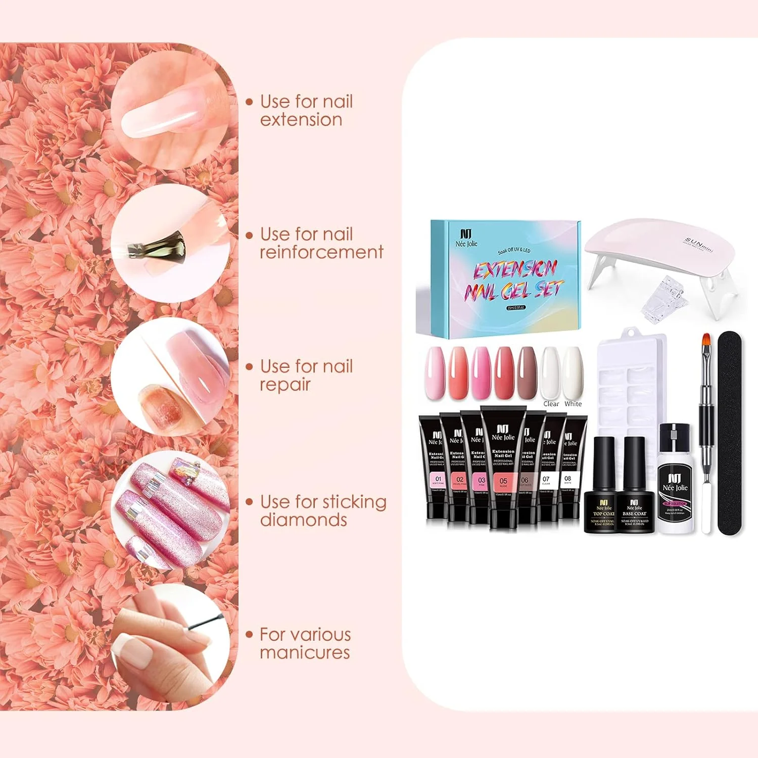 ست ژل اکستنشن ناخن شامل لاک ژل، تقویت کننده ناخن، دستگاه خشک کن ناخن یو وی/ال ای دی، بیس کت، تاپ کت، برس ناخن، سوهان ناخن، گیره ناخن و ابزار مانیکور
