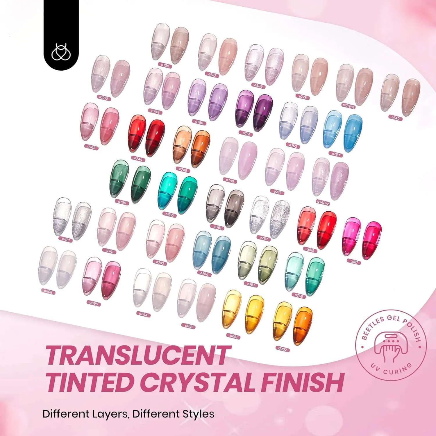 ست لاک ژل ژله ای بیتلز، 53 تکه، 36 رنگ ژله ای صورتی، شیری، سفید، قرمز، مشکی، آبی، سبز، نقره ای، چشم گربه ای، بیس کت، براق، مات، تاپ کت اکلیلی، مجموعه کریستال آیس، هدیه فرنچ ناخن برای خانم ها