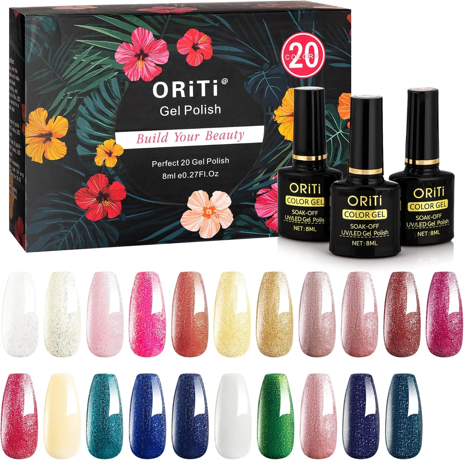 ست لاک ژل ORiTi، ۲۰ رنگ به همراه ۴ محصول جانبی، رنگ های صورتی، قهوه ای، خاکستری، مناسب برای انواع پوست، شامل لاک پایه و تاپ کت براق و مات، هدیه ای مناسب برای طراحی ناخن در سالن های آرایشی برای بانوان و دختران (A3 Nightfall in Hawaii)