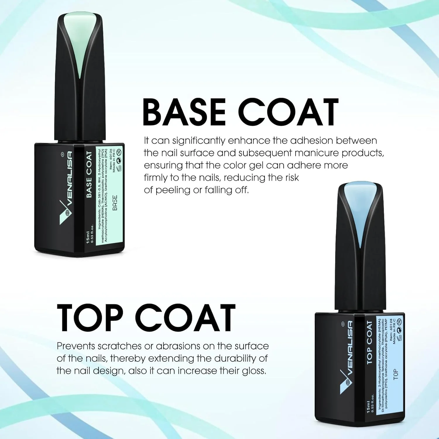 وی ویـنالیزا، لاک ژل 15 میلی لیتری، ست تاپ کت و بیس کت بدون نیاز به پاک کردن، لاک ژل براق و بادوام