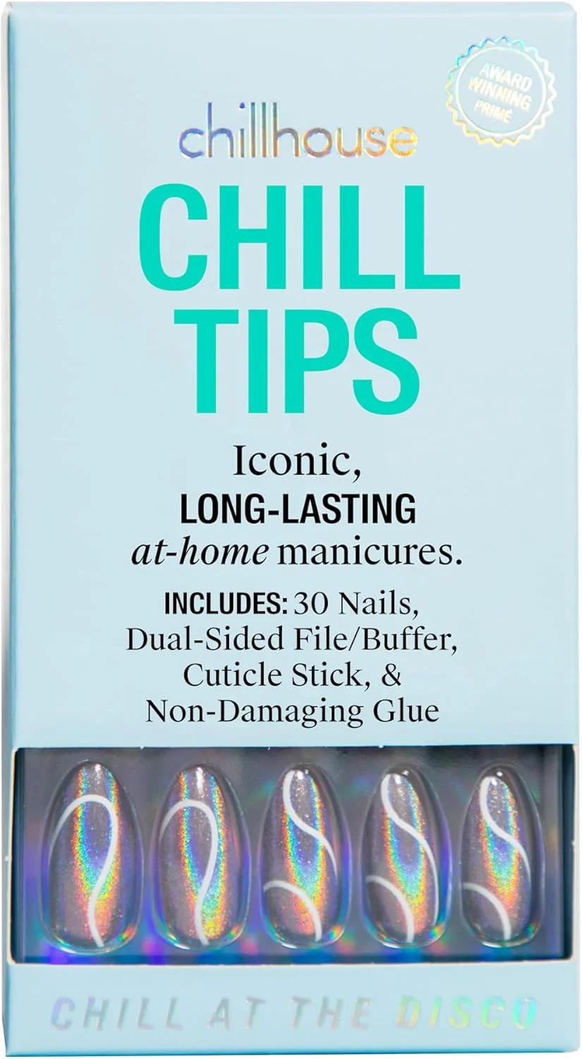 Chillhouse - Chill Tips, کیت ناخن مصنوعی - Chill at the Disco (بادامی) - 30 شکل و سایز ناخن - تا 3 هفته ماندگاری - اندازه قابل تنظیم - قابل استفاده مجدد - تاسیس شده توسط لاتین تبارها، متعلق به زنان، زیبایی، مراقبت از خود