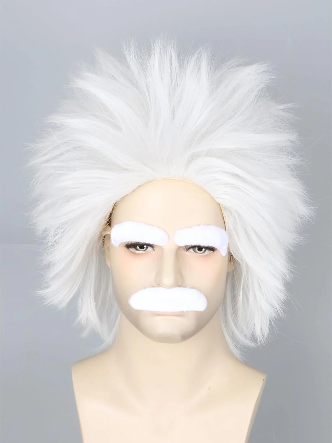 کلاه گیس مردانه سفید کوتاه فرفری به همراه ریش برای دانشمند دیوانه، مناسب هالووین، مهمانی های فانتزی به همراه کلاه گیس