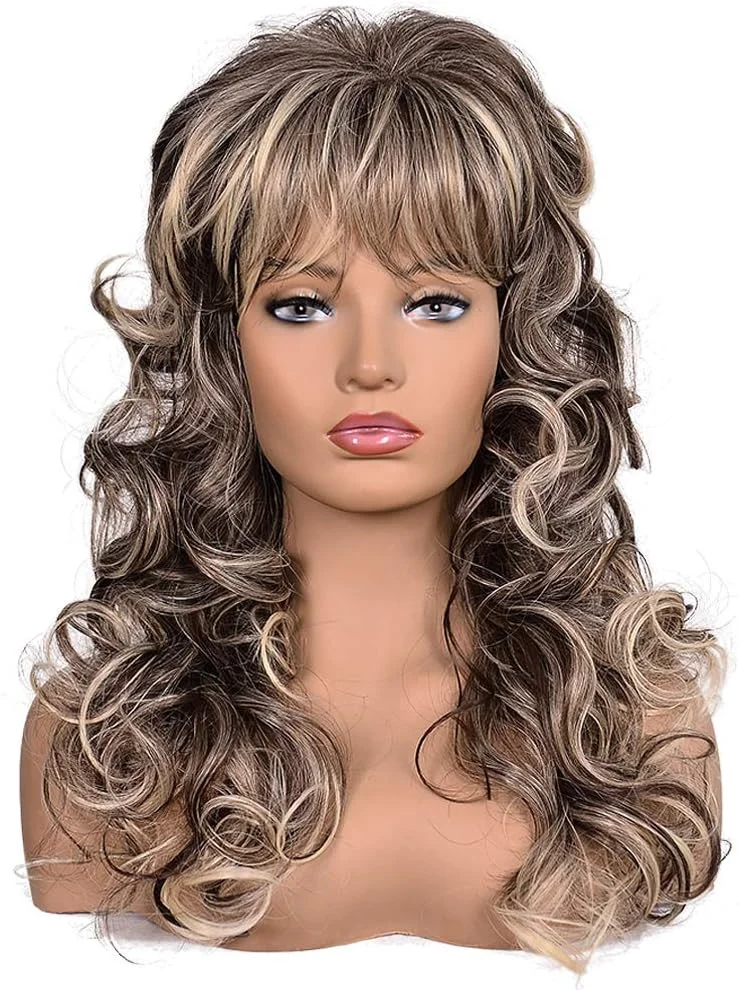 کلاه گیس زنانه بلند فرفری مقاوم در برابر حرارت، با ظاهر طبیعی و هایلایت مناسب برای نقش آفرینی (آمبره بلوند)