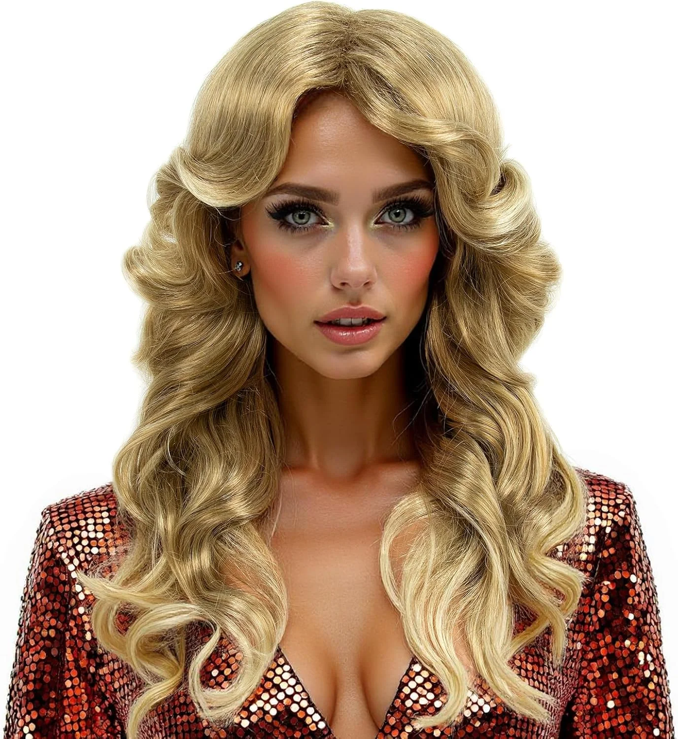 کلاه گیس بلوند زنانه مدل فارا فاوست، کلاه گیس پردار دهه 70، کلاه گیس موی بلند مصنوعی طبیعی برای بانوان، مناسب مهمانی، فشن و استفاده روزانه