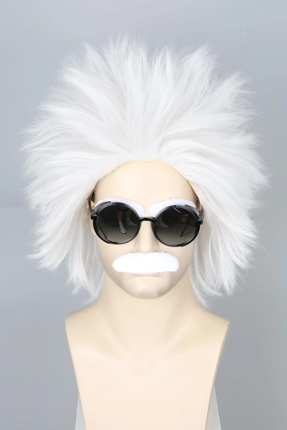 کلاه گیس مردانه سفید کوتاه فرفری به همراه ریش برای دانشمند دیوانه، مناسب هالووین، مهمانی های فانتزی به همراه کلاه گیس