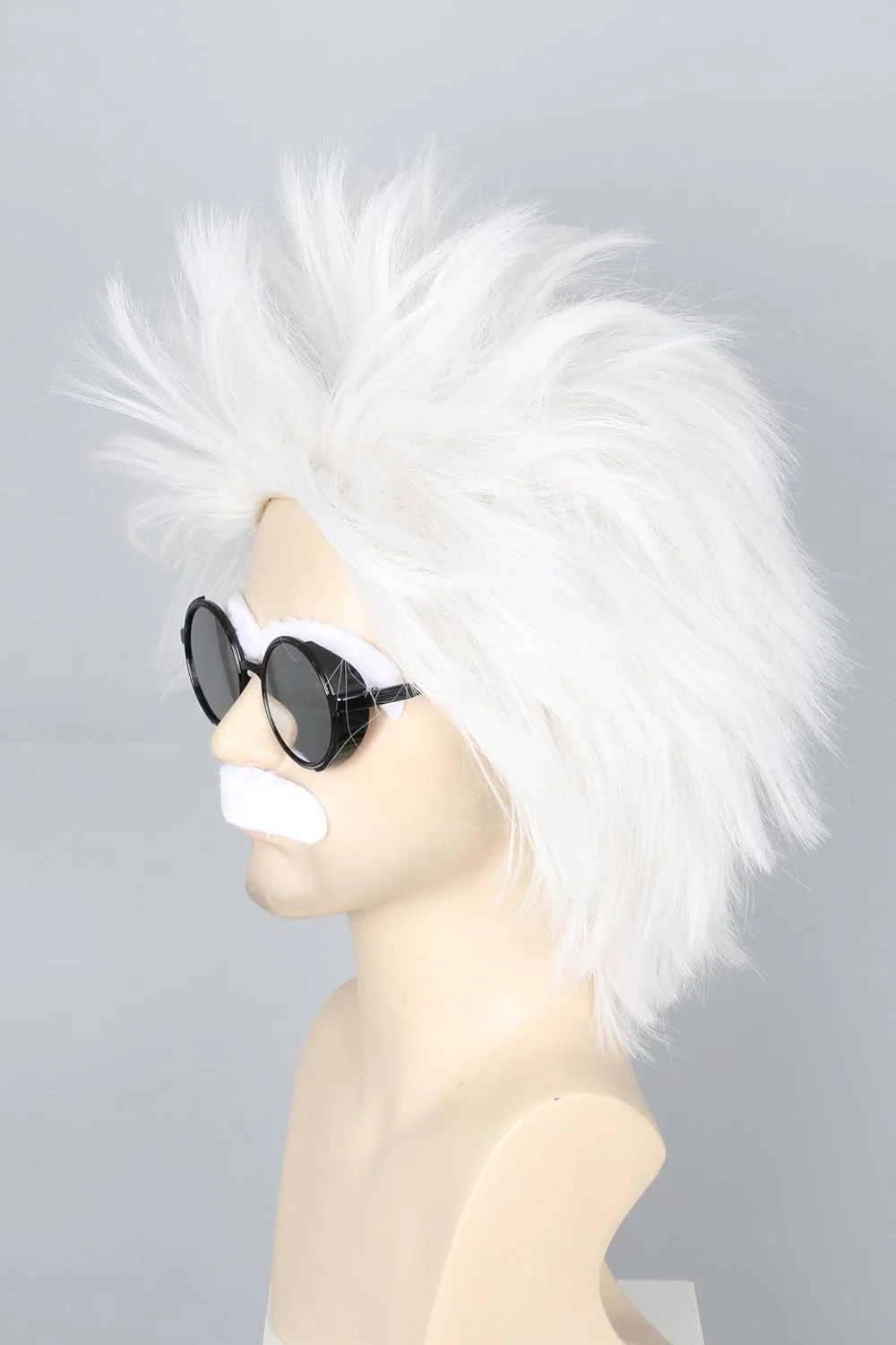 کلاه گیس مردانه سفید کوتاه فرفری به همراه ریش برای دانشمند دیوانه، مناسب هالووین، مهمانی های فانتزی به همراه کلاه گیس