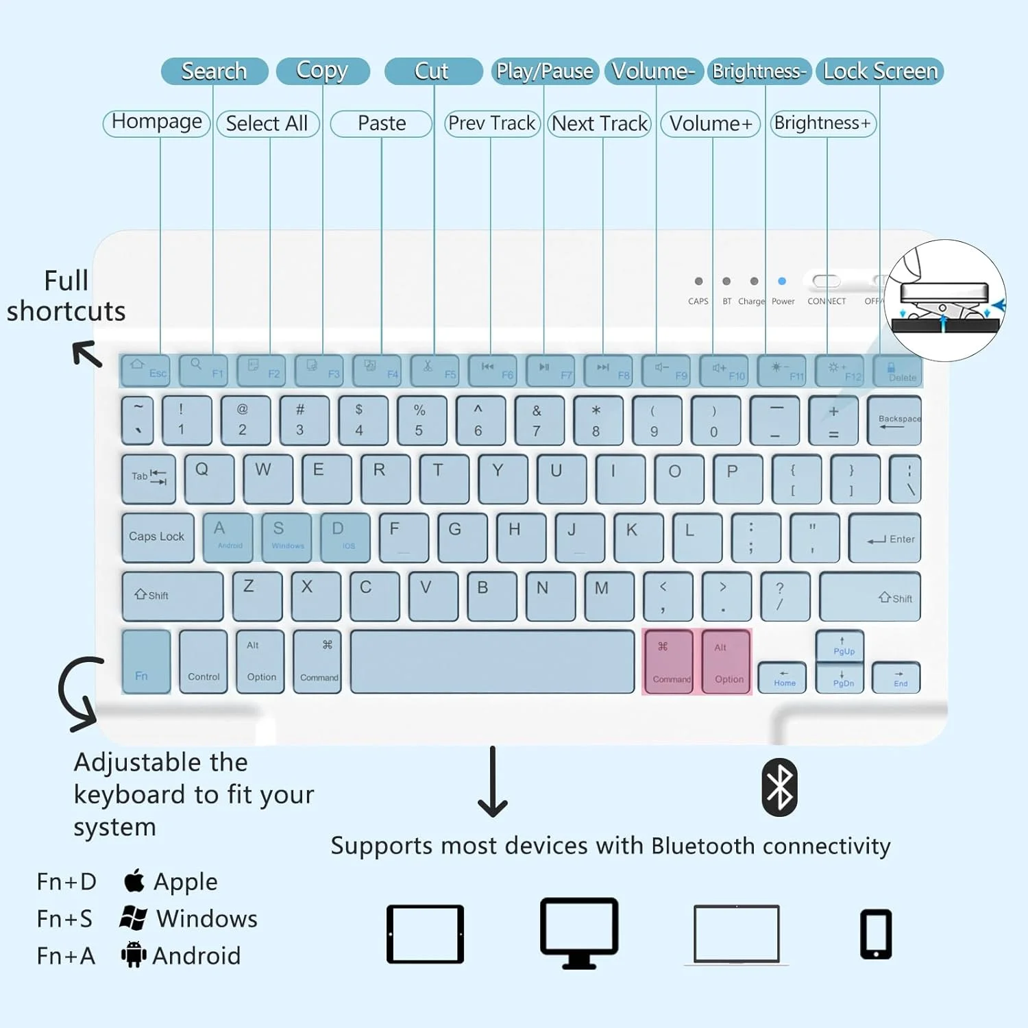 کاور تبلت سامسونگ گلکسی تب A9 پلاس به همراه کیبورد، کاور کیبورد تبلت سامسونگ A9 پلاس (11 اینچ 2023، SM-X210/X216/X218)، جداشدنی بی‌سیم - آبی یخچالی