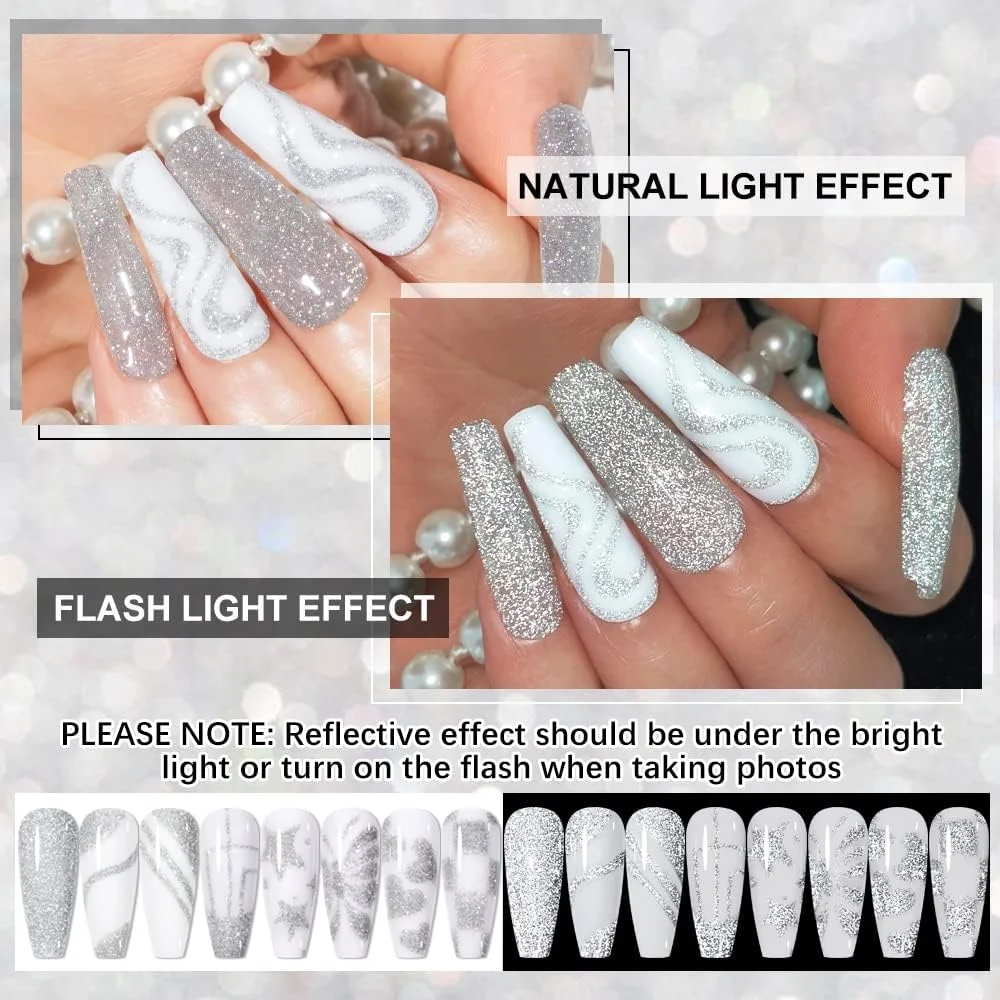 ژل لاک آینه ای نقره ای طراحی ناخن، لاک ژل براق و درخشان با برس نازک، ژل طراحی ناخن، لاک ژل فرنچ مانیکور، لاک ژل یو وی Soak Off، 10 میلی لیتر (0.33 fl oz)