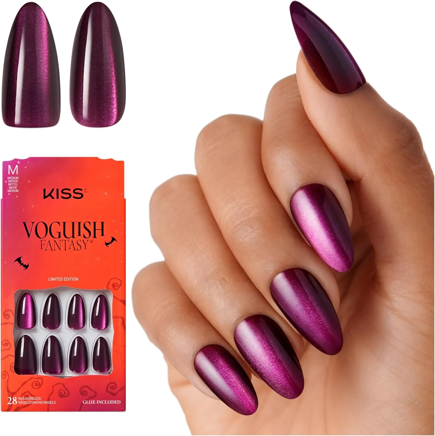 ناخن مصنوعی بادامی هالووین طرح فانتزی KISS، مدل 'Devilish Disco'، بنفش تیره، قد متوسط، جلوه پودر مغناطیسی، چسب ناخن ژلی صورتی (2 گرم)، 28 عدد ناخن مصنوعی ناخن مصنوعی بادامی هالووین طرح فانتزی KISS، مدل 'Devilish Disco'، بنفش تیره، قد متوسط، جلوه پودر مغناطیسی، چسب ناخن ژلی صورتی (2 گرم)، 28 عدد ناخن مصنوعی