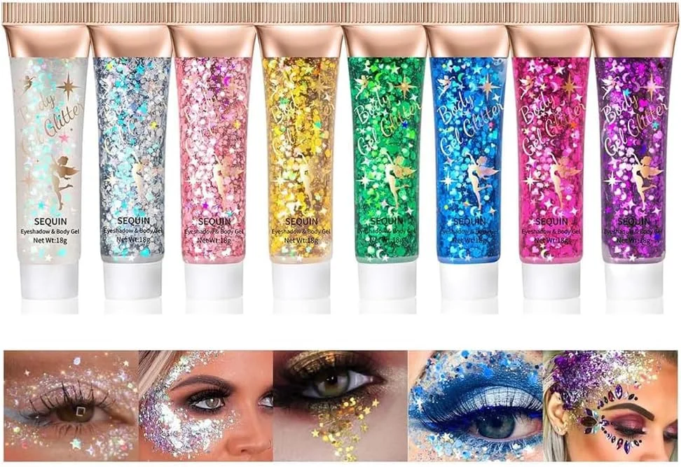 ژل اکلیل بدن، ژل اکلیل صورت و بدن، سایه چشم مایع پولکی درخشان، اکلیل درشت برای صورت، مو و ناخن، پودر لیزری آرایشی هولوگرافیک، ژل اکلیل درخشان مو برای هالووین، 8 رنگ