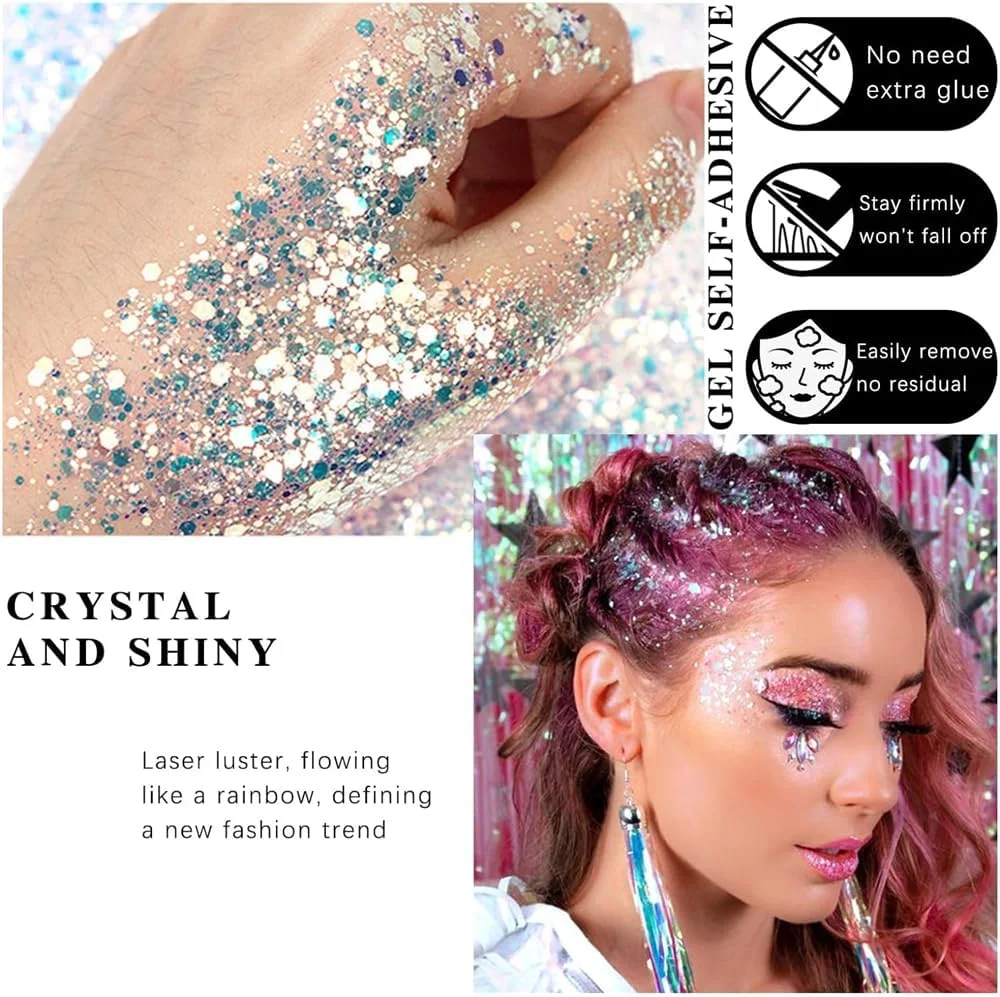 ژل اکلیل بدن، ژل اکلیل صورت و بدن، سایه چشم مایع پولکی درخشان، اکلیل درشت برای صورت، مو و ناخن، پودر لیزری آرایشی هولوگرافیک، ژل اکلیل درخشان مو برای هالووین، 8 رنگ