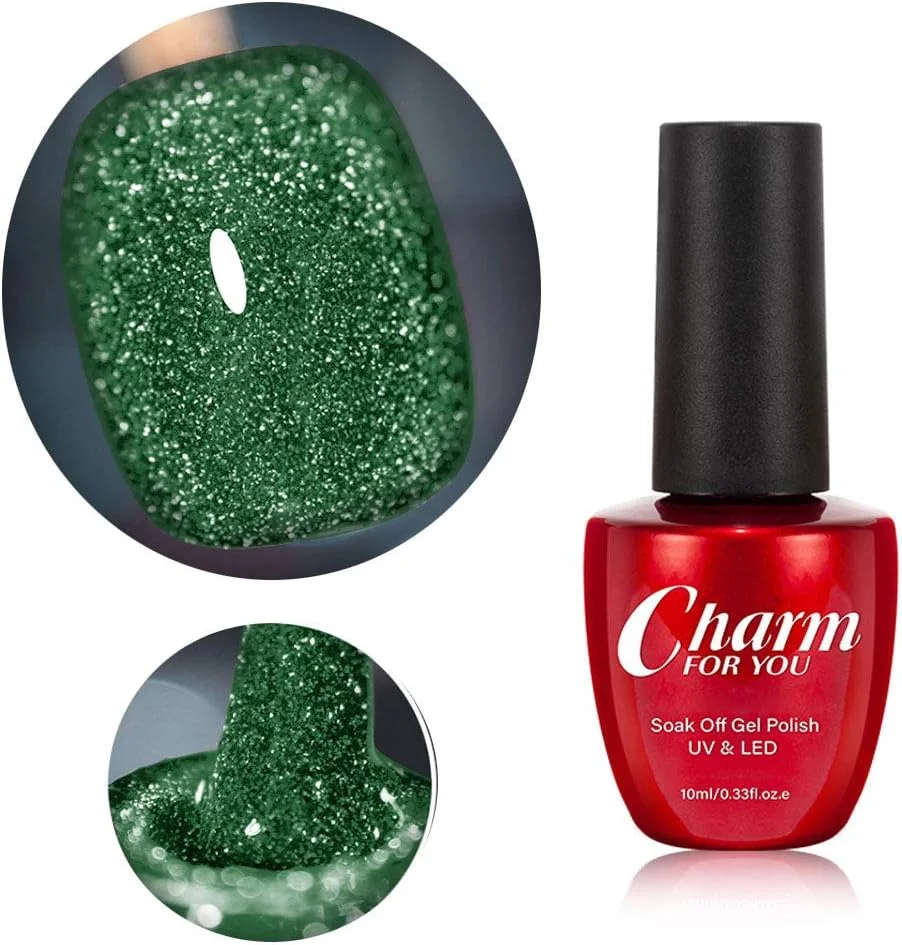 ژل ناخن اکلیلی سبز کریسمس ورونی، ژل ناخن بازتابنده الماس درخشان، ژل ناخن UV خیسانده شده با اکلیل سبز تیره روشن، ژل دیسکو الماس شکسته برای مهمانی هالووین (16)