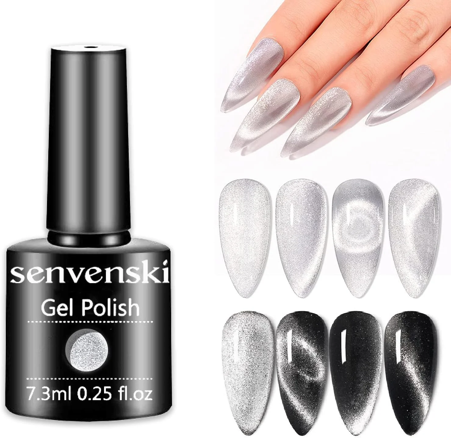 لاک ژل چشم گربه ای نقره ای Senvenski - رنگ های اکلیلی مغناطیسی هولوگرافیک کریستالی بازتابنده با روکش براق | کیت هنر ناخن UV/LED وگان هدیه ای برای مانیکور سالن DIY بانوان (MY1-001)