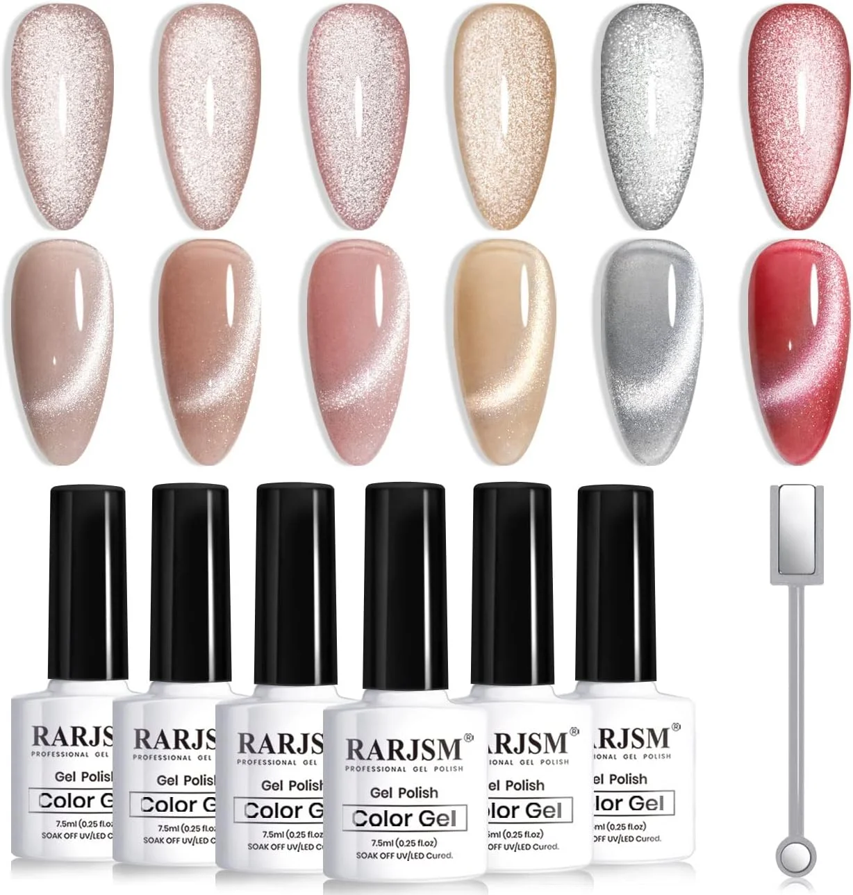 ست لاک ژل چشم گربه ای RARJSM، اکلیلی نقره ای، بنفش صورتی کالباسی، طلایی شامپاینی، قهوه ای، 6 رنگ، لاک ژل کهکشانی 9D مخملی یخی به همراه آهنربا، نیاز به خشک شدن با UV LED، قابلیت ریموو در خانه و سالن ست لاک ژل چشم گربه ای RARJSM، اکلیلی نقره ای، بنفش صورتی کالباسی، طلایی شامپاینی، قهوه ای، 6 رنگ، لاک ژل کهکشانی 9D مخملی یخی به همراه آهنربا، نیاز به خشک شدن با UV LED، قابلیت ریموو در خانه و سالن