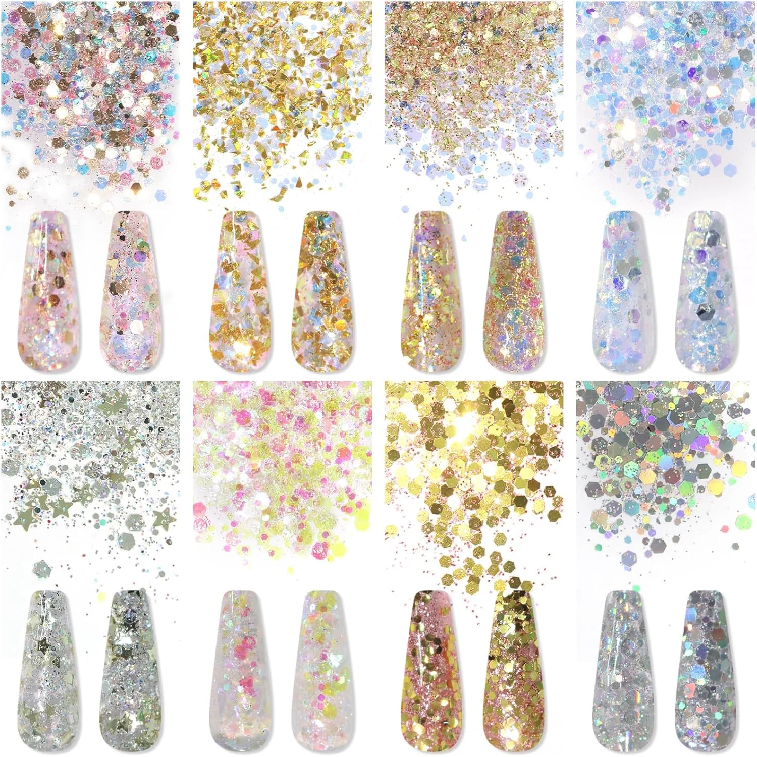 پودر اکلیل ناخن Laza، پودر درخشان الماس، پولک های رنگین کمانی درشت، اکلیل های تزئینی فویل برای لوازم جانبی طراحی ناخن، لاک ژل ناخن، آرایش پری دریایی، رزین بدن - رقص