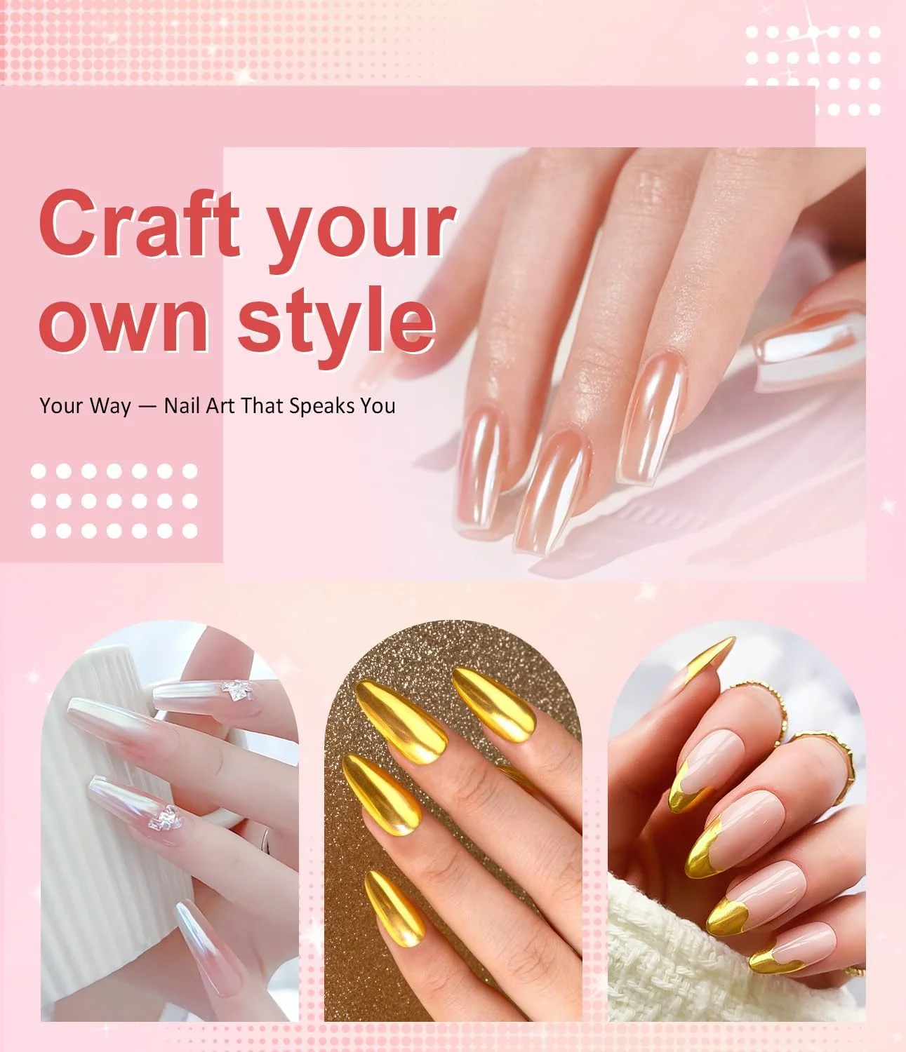 پودر کروم ناخن طلایی - پودر براق کننده ناخن طلایی آینه ای جادویی، پودر کروم مرواریدی ناخن، پودر کروم رنگین کمانی پری دریایی متالیک آینه ای برای طراحی ناخن و مانیکور