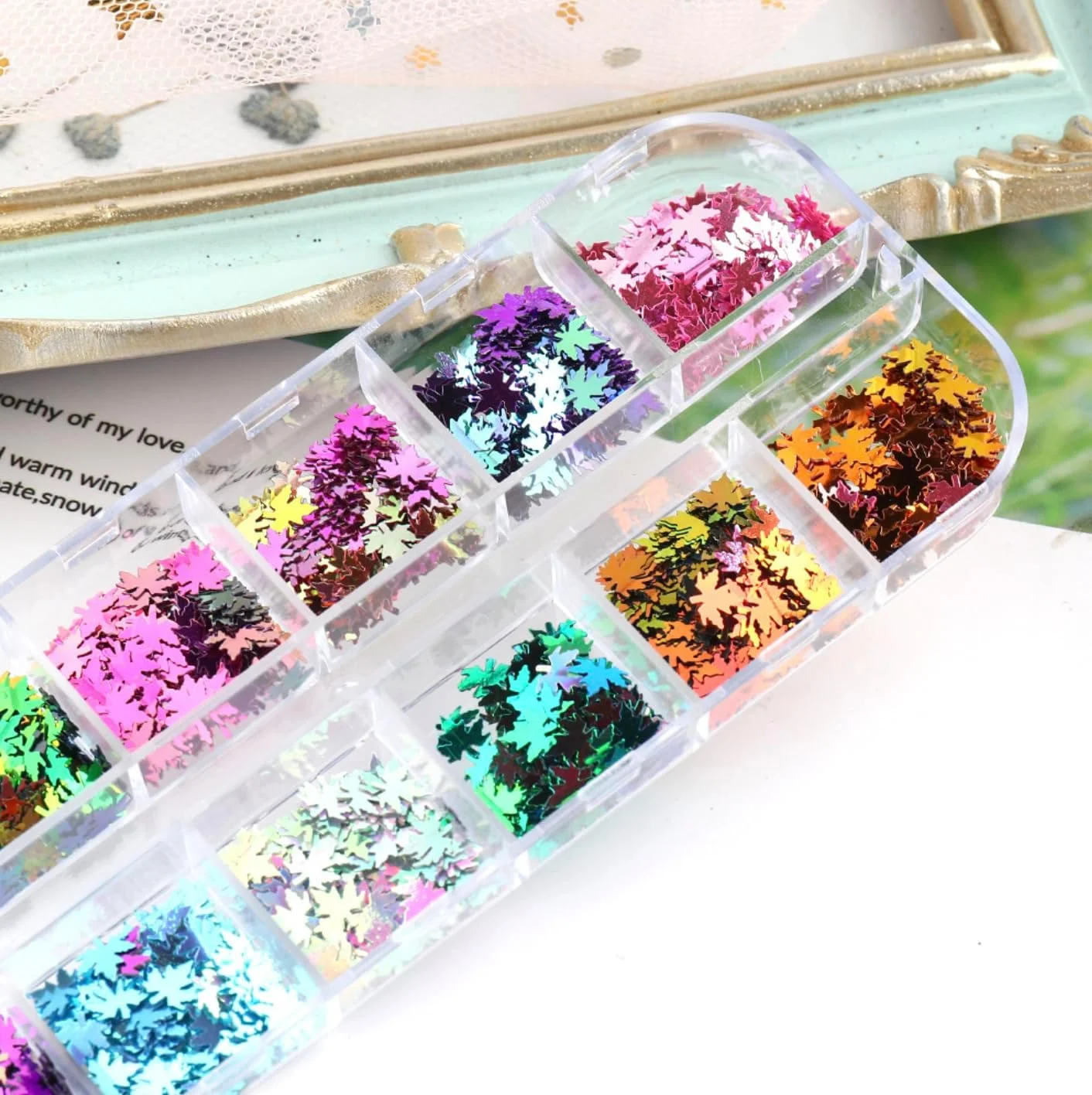 ورق های اکلیلی ناخن، 12 رنگ براق، فوق العاده نازک، طراحی پولک های فویل آلومینیومی، لوازم تزئینی اکریلیک سه بعدی برای طراحی ناخن خانم ها و دختران (برگ های افرا-A)