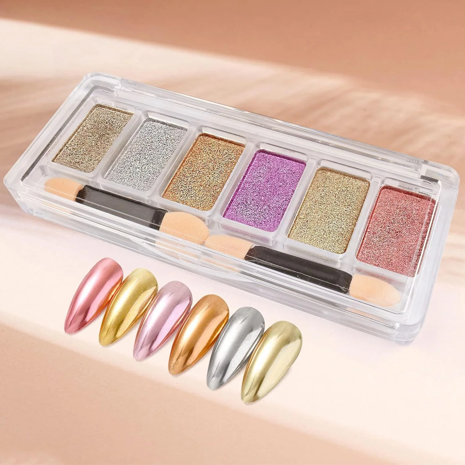 پالت پودر کروم ناخن با جلوه آینه ای متالیک، پیگمنت اکلیلی هولوگرافیک در رنگ های رزگلد، نقره ای و صورتی، دکوراسیون آسان هنر ناخن برای ناخن های خیره کننده با کیفیت سالن در خانه