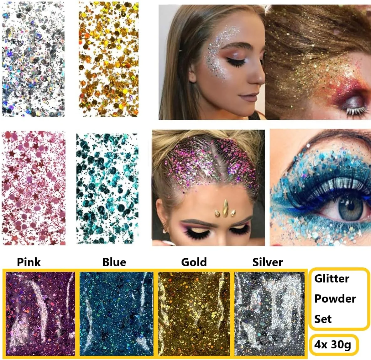 پودر اکلیلی آرایشی، 4 عدد 30 گرمی، پودر اکلیلی لیزری برای صورت، بدن، ناخن، مناسب برای هنرهای دستی و طراحی ناخن، رنگ های نقره ای، طلایی، صورتی و آبی