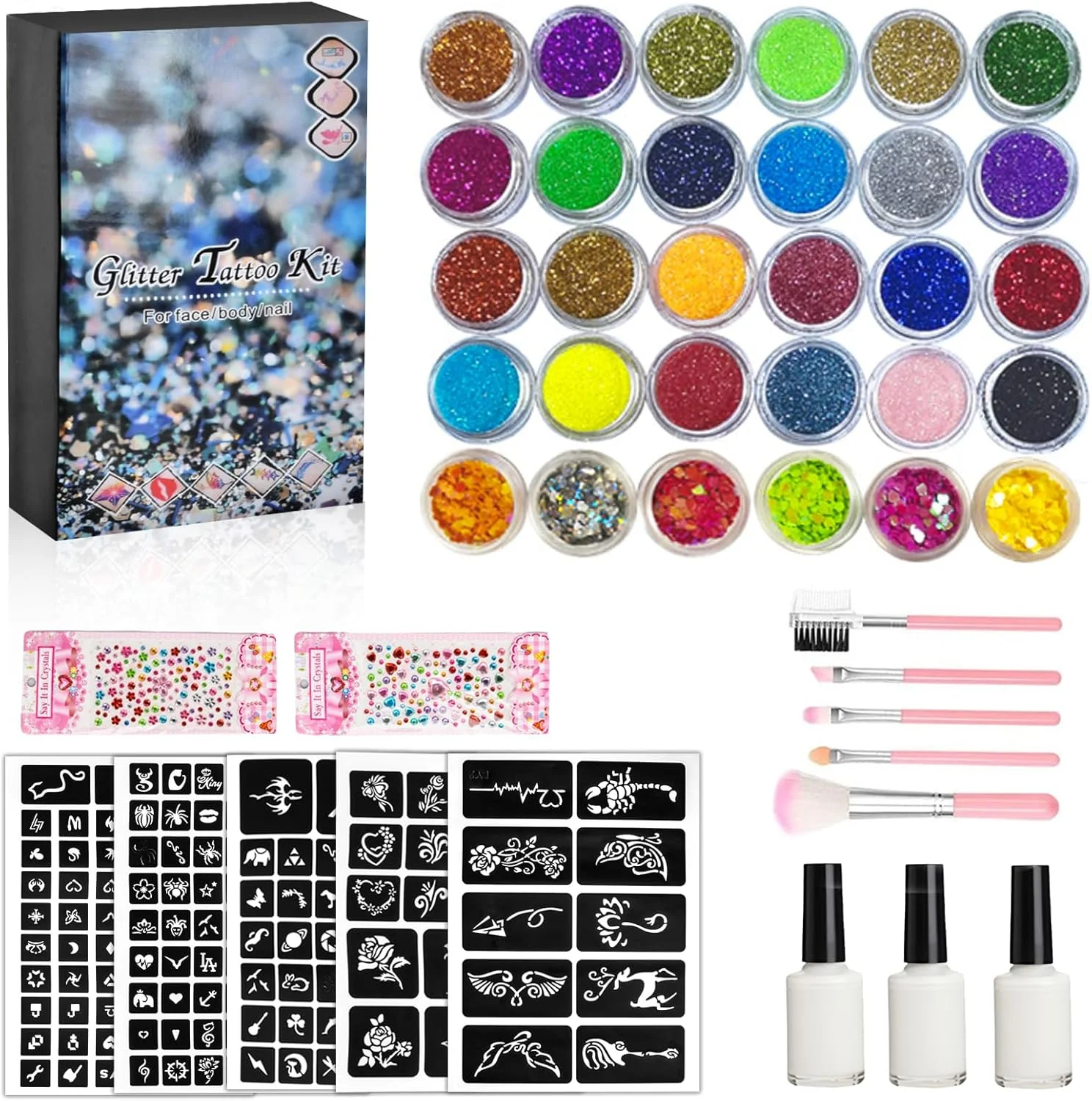 کیت تتو موقت اکلیلی برای آرایش کودکان، 30 اکلیل بدن، 3 چسب اکلیل، 5 برگه شابلون تتو، 5 عدد براش آرایشی، 6 پودر فلورسنت، استیکرهای نگین دار، برای مهمانی های تعطیلات و طراحی ناخن