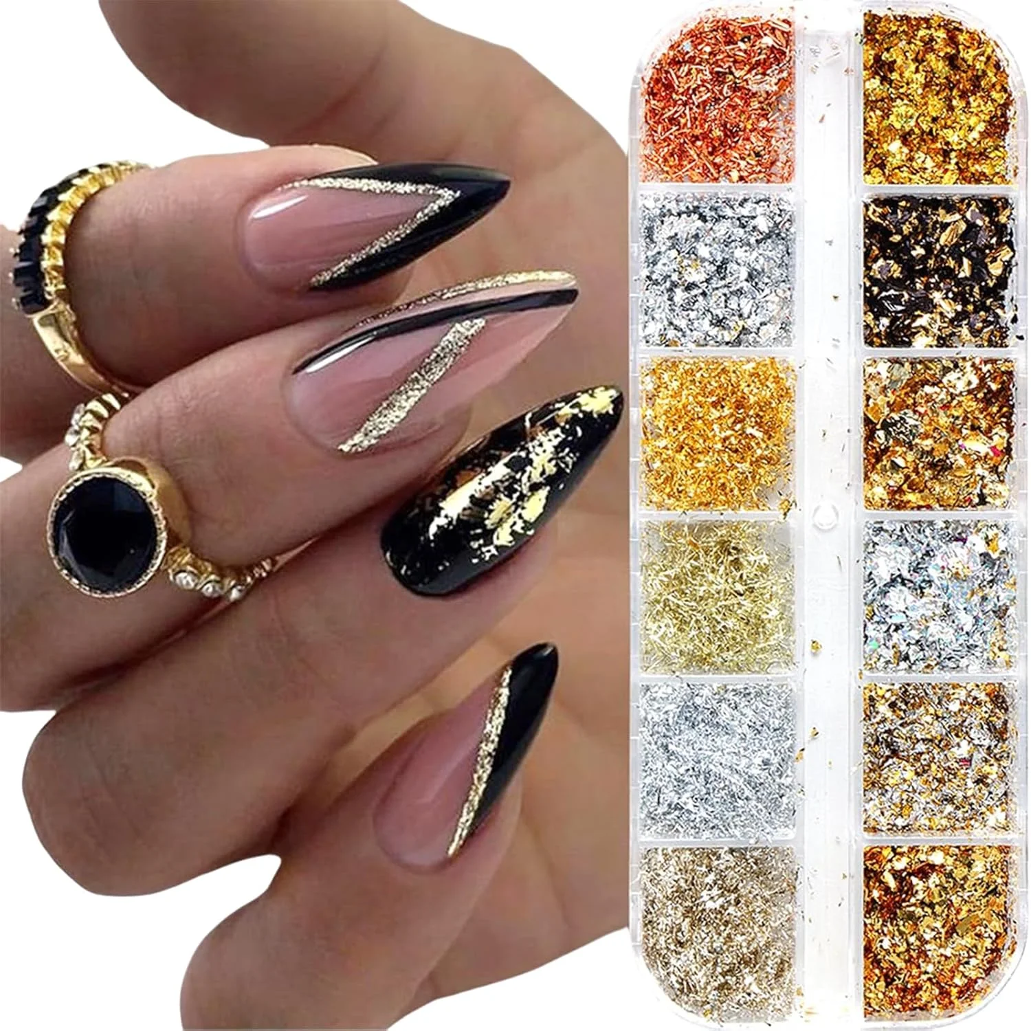 ورقه‌های اکلیلی ناخن هولوگرافیک طلایی، 12 محفظه فویل آلومینیومی فوق‌العاده نازک و درخشان برای طراحی ناخن، پودر اکلیل ناخن، پولک