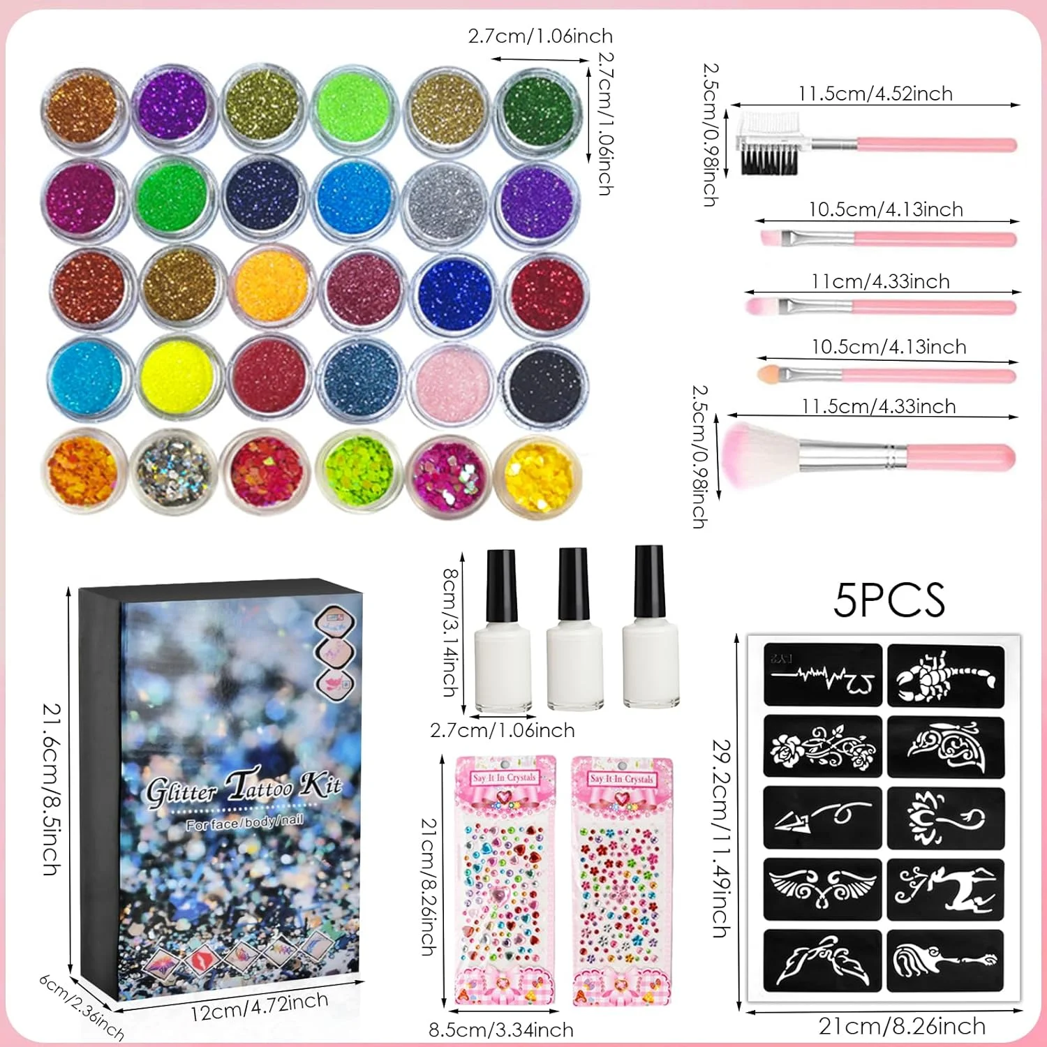 کیت تتو موقت اکلیلی برای آرایش کودکان، 30 اکلیل بدن، 3 چسب اکلیل، 5 برگه شابلون تتو، 5 عدد براش آرایشی، 6 پودر فلورسنت، استیکرهای نگین دار، برای مهمانی های تعطیلات و طراحی ناخن