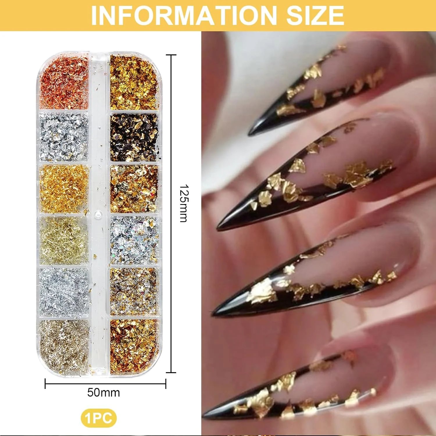 ورقه‌های اکلیلی ناخن هولوگرافیک طلایی، 12 محفظه فویل آلومینیومی فوق‌العاده نازک و درخشان برای طراحی ناخن، پودر اکلیل ناخن، پولک