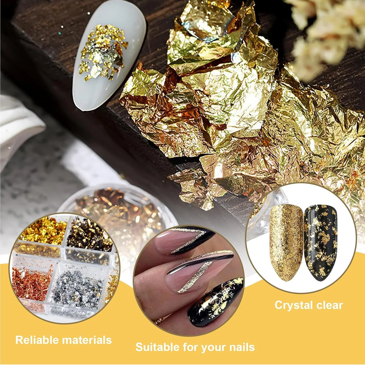 ورقه‌های اکلیلی ناخن هولوگرافیک طلایی، 12 محفظه فویل آلومینیومی فوق‌العاده نازک و درخشان برای طراحی ناخن، پودر اکلیل ناخن، پولک
