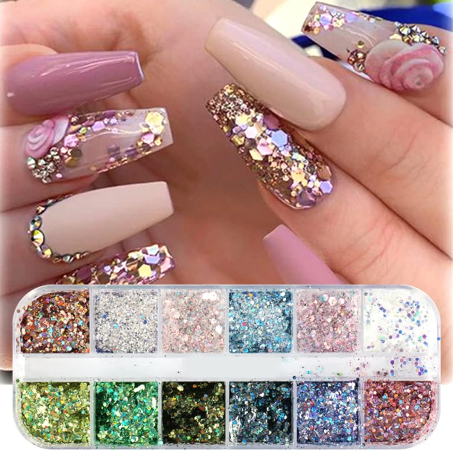 پودر اکلیل ناخن، پولک های اکلیلی تزئینی براق برای ناخن، هولوگرافیک، مناسب برای طراحی ناخن