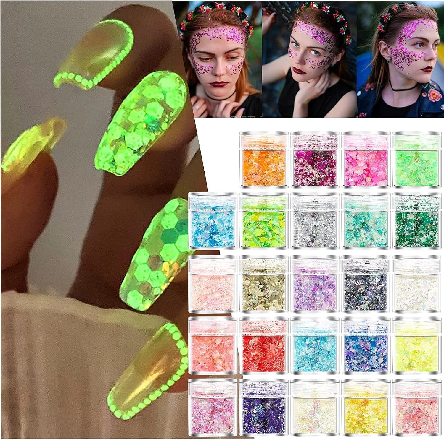 پولک های درخشان طراحی ناخن، پولک های اکلیلی هولوگرافیک طراحی ناخن، پودر پولک های اکلیلی درخشان در تاریکی، ناخن سه بعدی برای تزئین ناخن، برچسب های DIY (H)