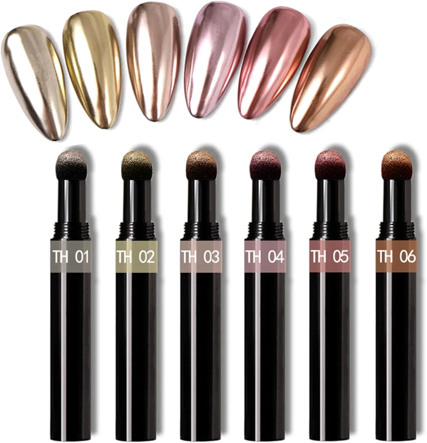 قلم پودر ناخن کروم رزگلد، مجموعه 6 عددی قلم پودر پیگمنت هنر ناخن متالیک RoseFlower، قلم کوسن هوا پودر اکلیل ناخن براق با جلوه آینه جادویی برای طراحی و تزئین هنر ناخن