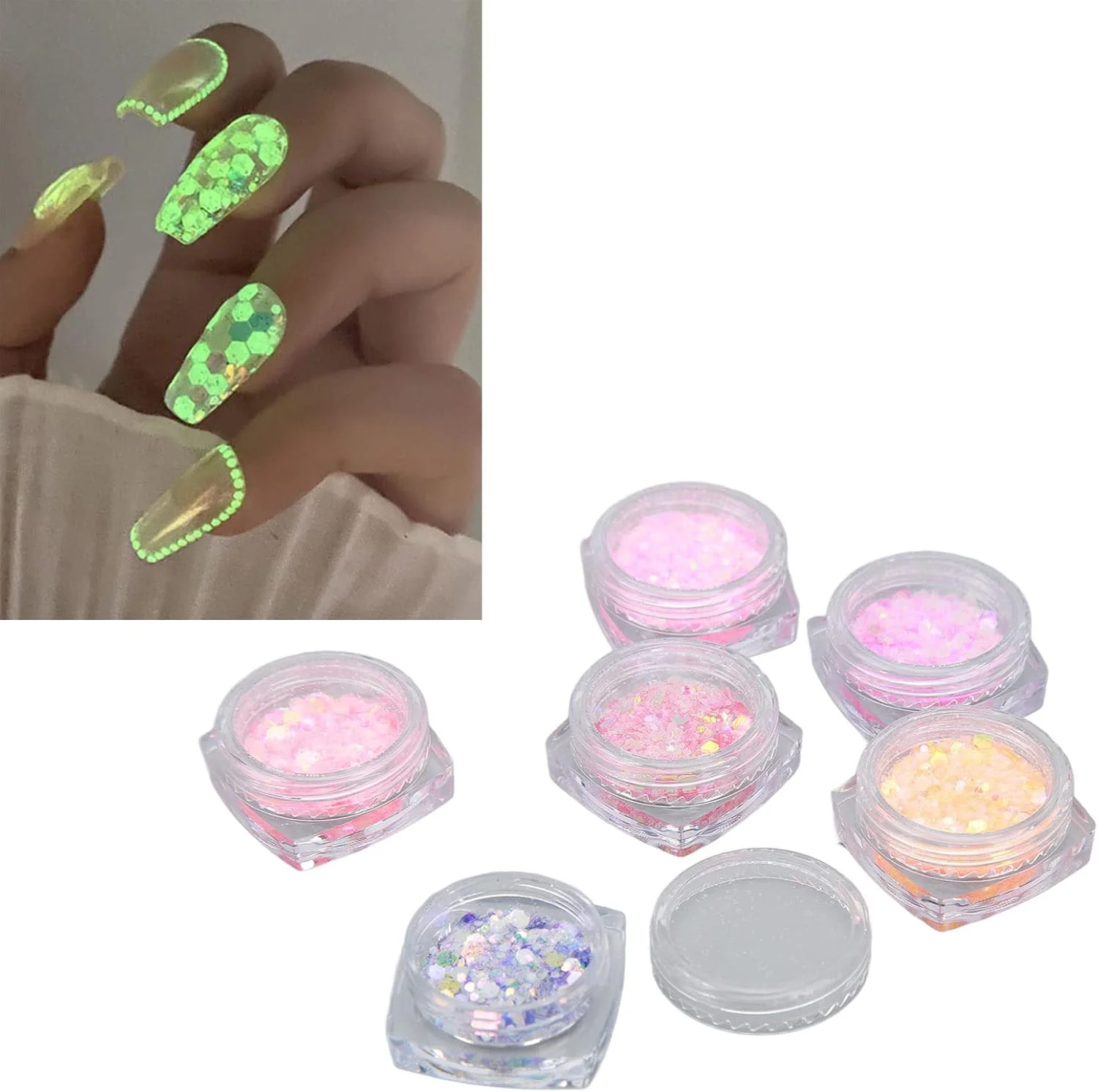 ست پودر اکلیل ناخن 6 عددی، پولک های تزئینی درخشان برای طراحی ناخن DIY