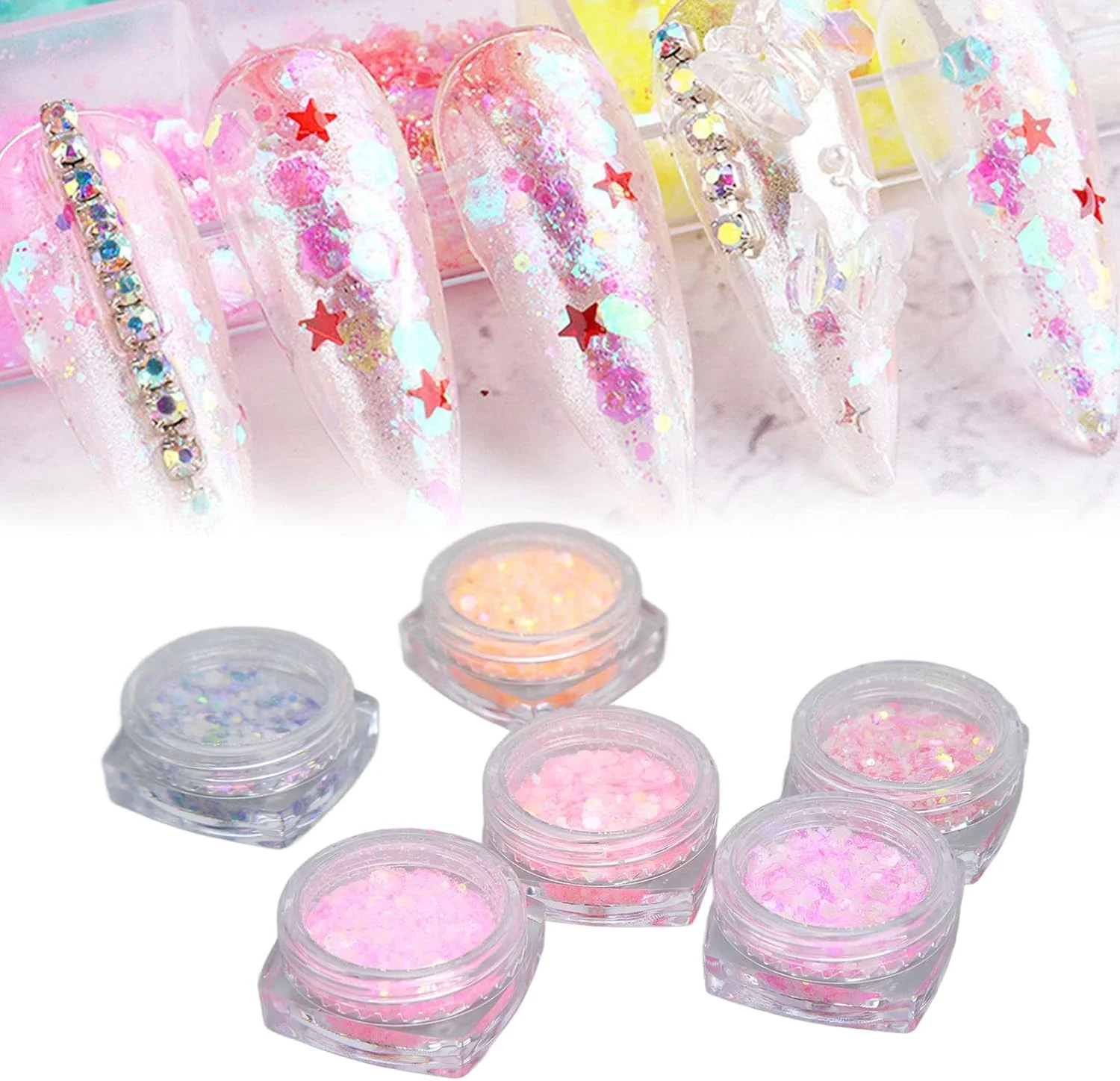 ست پودر اکلیل ناخن 6 عددی، پولک های تزئینی درخشان برای طراحی ناخن DIY