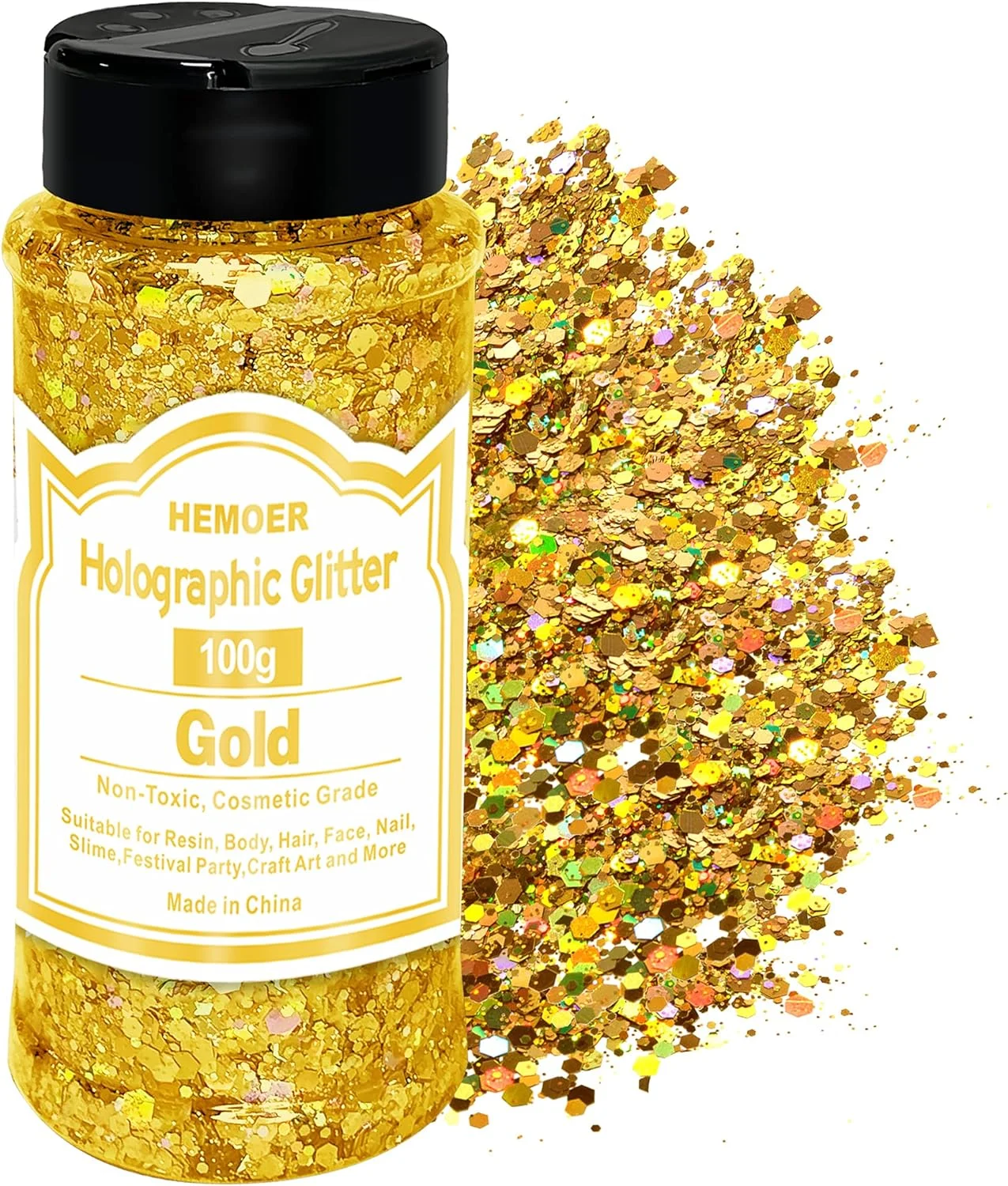 اکلیل ضخیم هولوگرافیک HEMOER، طلایی 100 گرمی، پولک های ضخیم، رزین، صورت، ناخن، بدن، صنایع دستی، هنر مهمانی جشنواره بالچیک، پودر اکلیل برای اکلیل ناخن