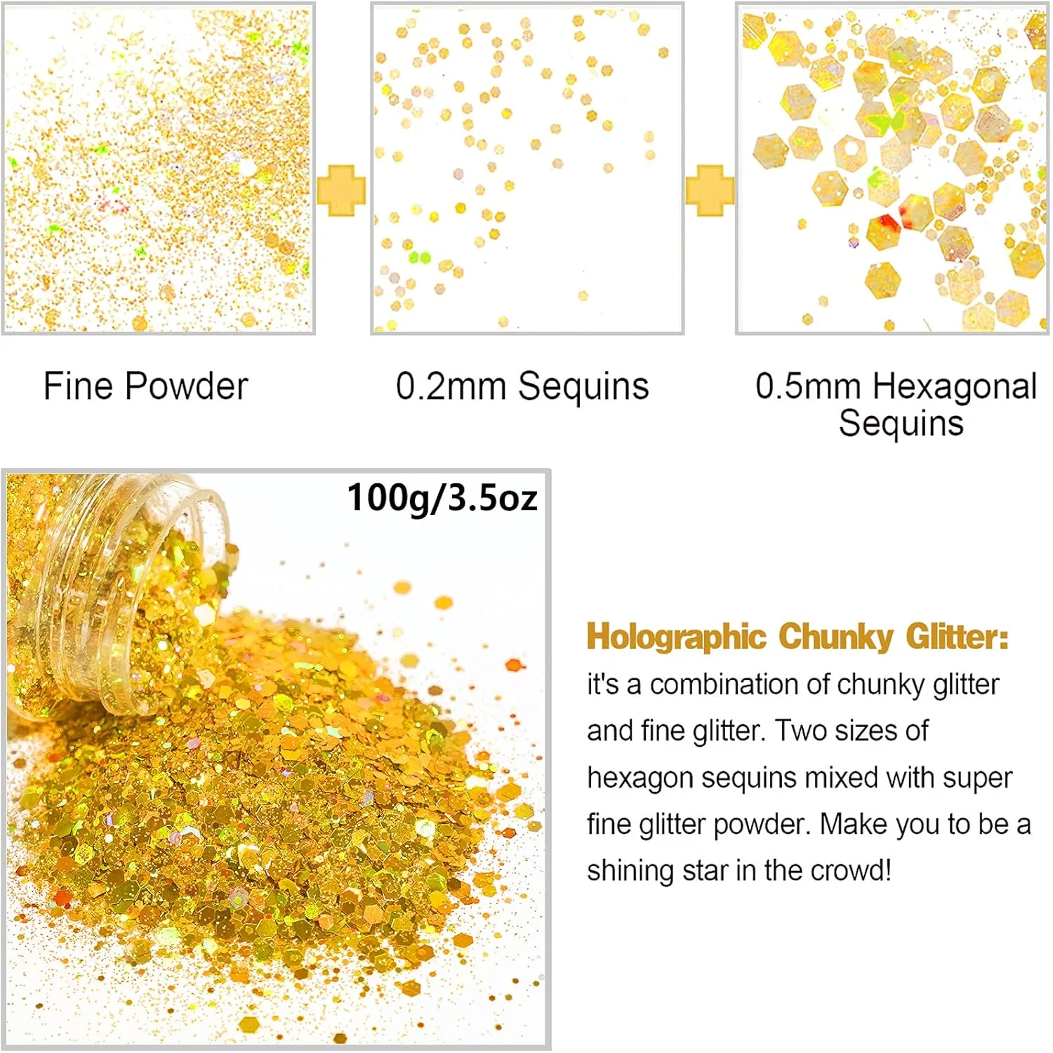 اکلیل ضخیم هولوگرافیک HEMOER، طلایی 100 گرمی، پولک های ضخیم، رزین، صورت، ناخن، بدن، صنایع دستی، هنر مهمانی جشنواره بالچیک، پودر اکلیل برای اکلیل ناخن