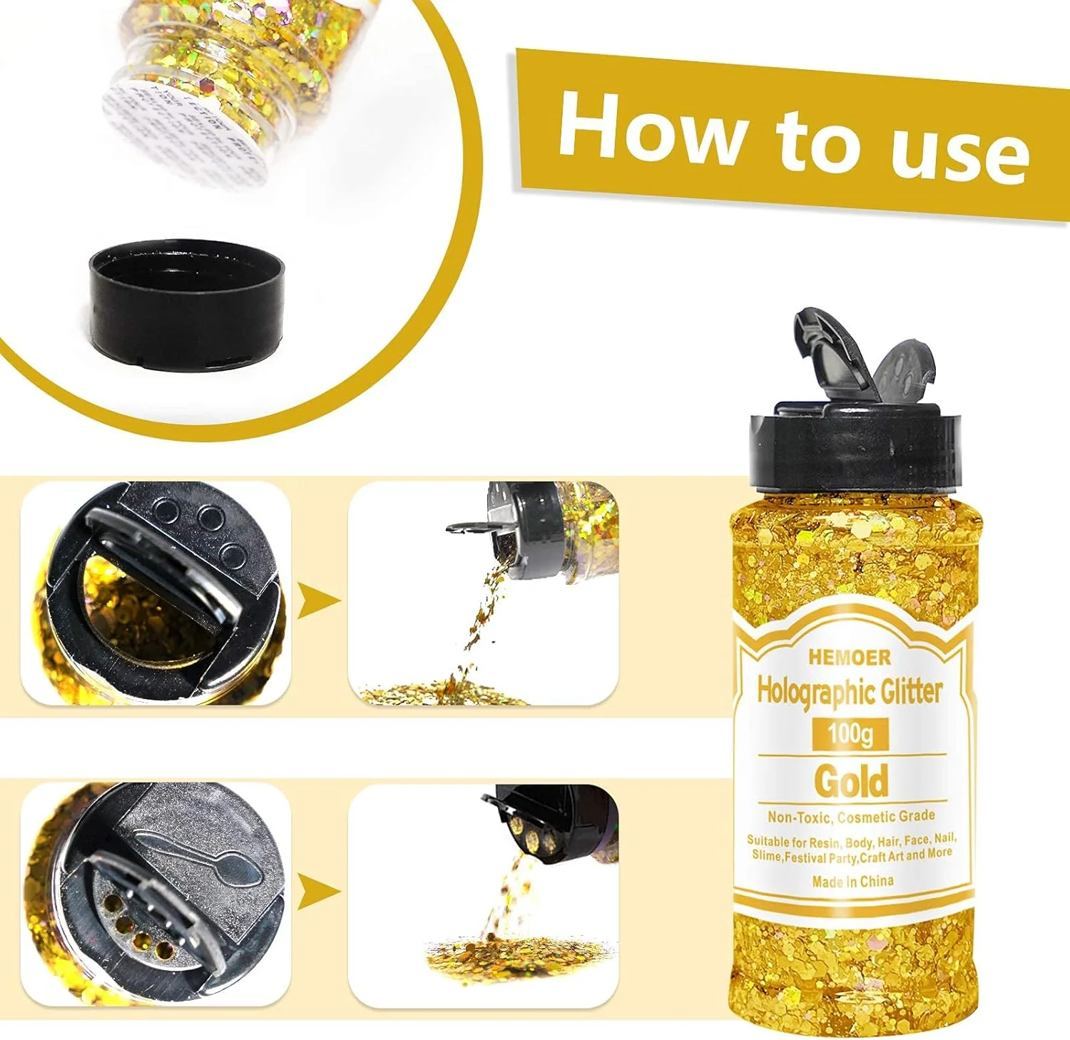 اکلیل ضخیم هولوگرافیک HEMOER، طلایی 100 گرمی، پولک های ضخیم، رزین، صورت، ناخن، بدن، صنایع دستی، هنر مهمانی جشنواره بالچیک، پودر اکلیل برای اکلیل ناخن