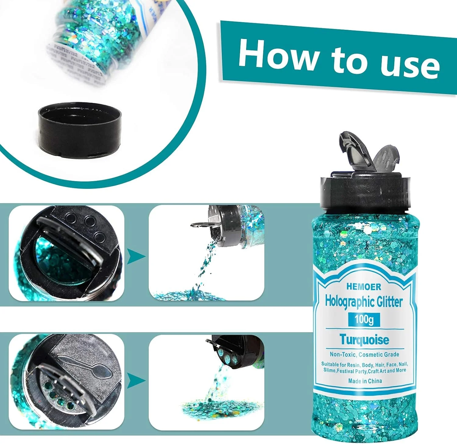 اکلیل ضخیم هولوگرافیک، فیروزه ای 100 گرمی، پولک های ضخیم، پودر اکلیل رزین برای صورت، ناخن، بدن، صنایع دستی، جشن مهمانی، هنر ناخن