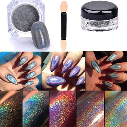 پودر ناخن هولوگرافیک 3.0 گرمی لیزری رنگین کمانی براق پودر کروم طراحی ناخن مانیکور