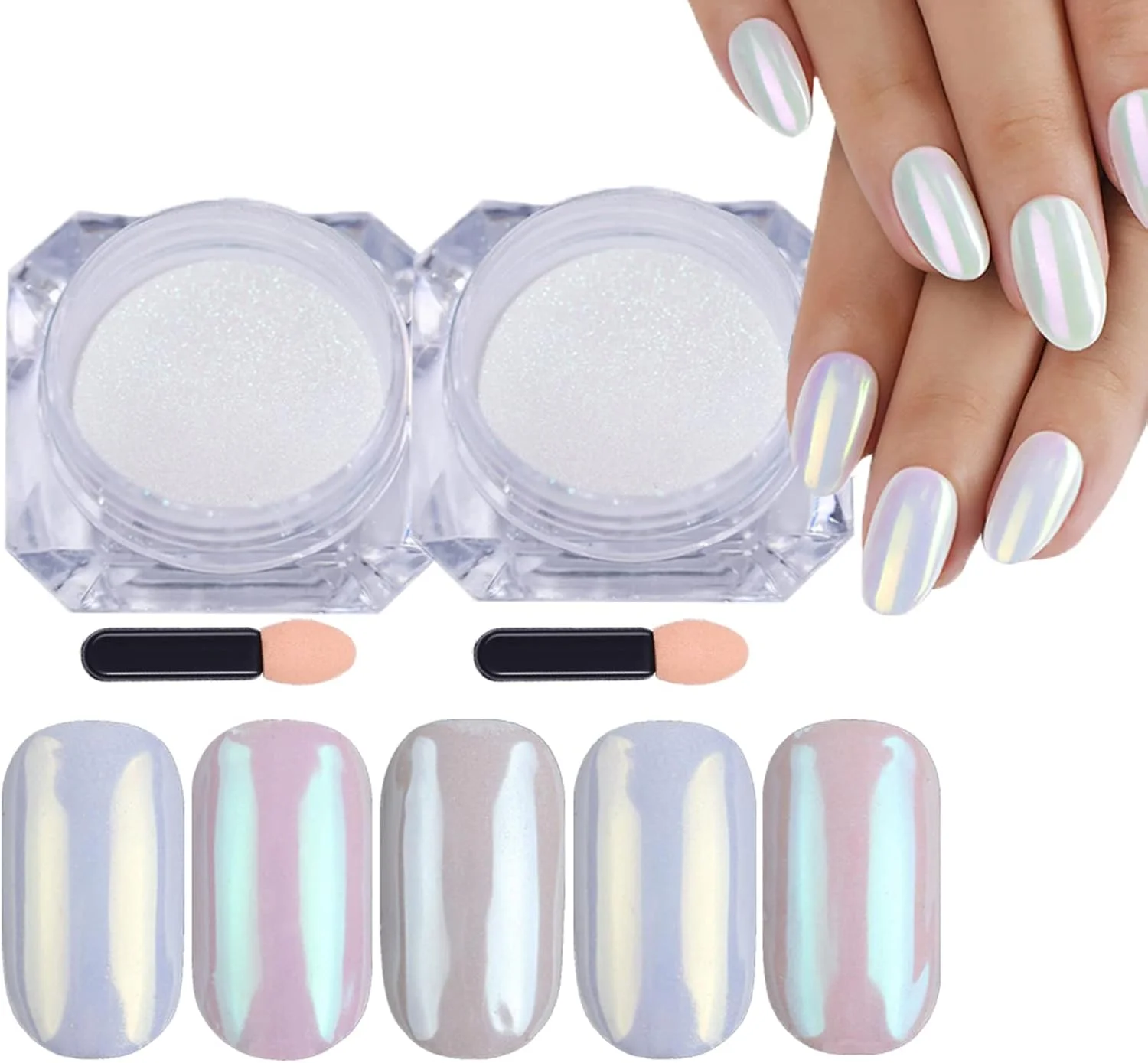 پودر ناخن پری دریایی یخی مرواریدی، پودر کروم هولوگرافیک سفید صدفی یخی، پودر مرواریدی اکلیل صدف اثر آینه ای برای طراحی ناخن، مانیکور DIY سالن، 2 عدد