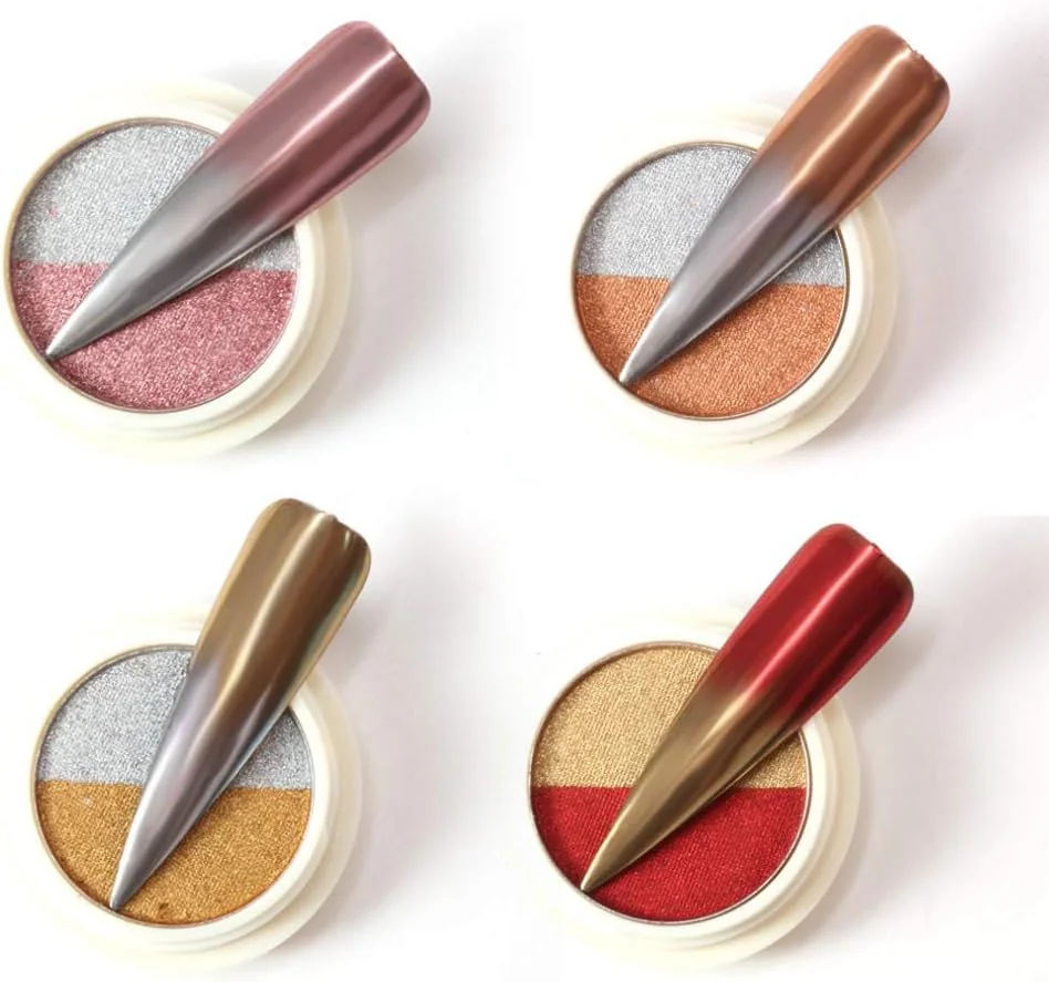 ست 4 عددی پودر طراحی ناخن، پودر براق آینه‌ای، پیگمنت پودر کروم ناخن به همراه 4 عدد برس