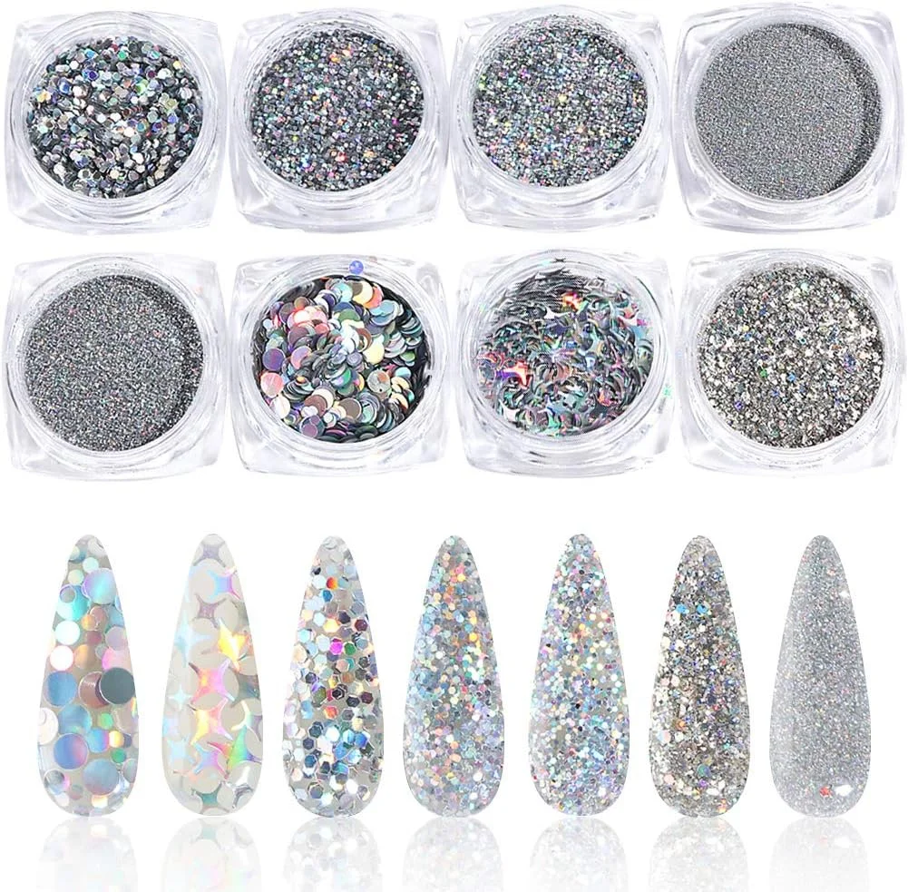 ست پولک و اکلیل طراحی ناخن هولوگرافیک کیس بیوتی، 8 جعبه پودر ناخن هولوگرافیک، پولک طراحی ناخن، پولک های متالیک براق نقره ای، ست اکلیل ناخن برای تزئین ناخن و مانیکور هولوگرافیک