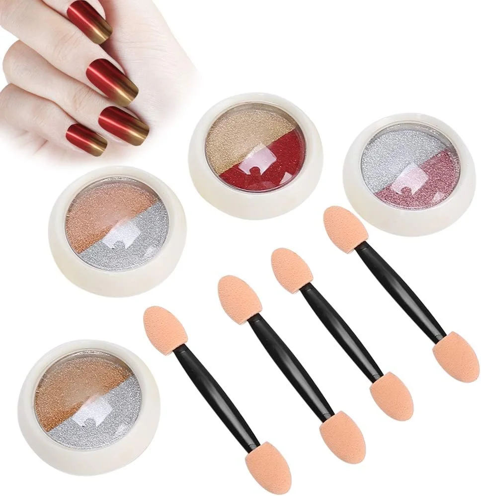 ست 4 عددی پودر طراحی ناخن، پودر براق آینهای، پیگمنت پودر کروم ناخن به همراه 4 عدد برس ست 4 عددی پودر طراحی ناخن، پودر براق آینهای، پیگمنت پودر کروم ناخن به همراه 4 عدد برس